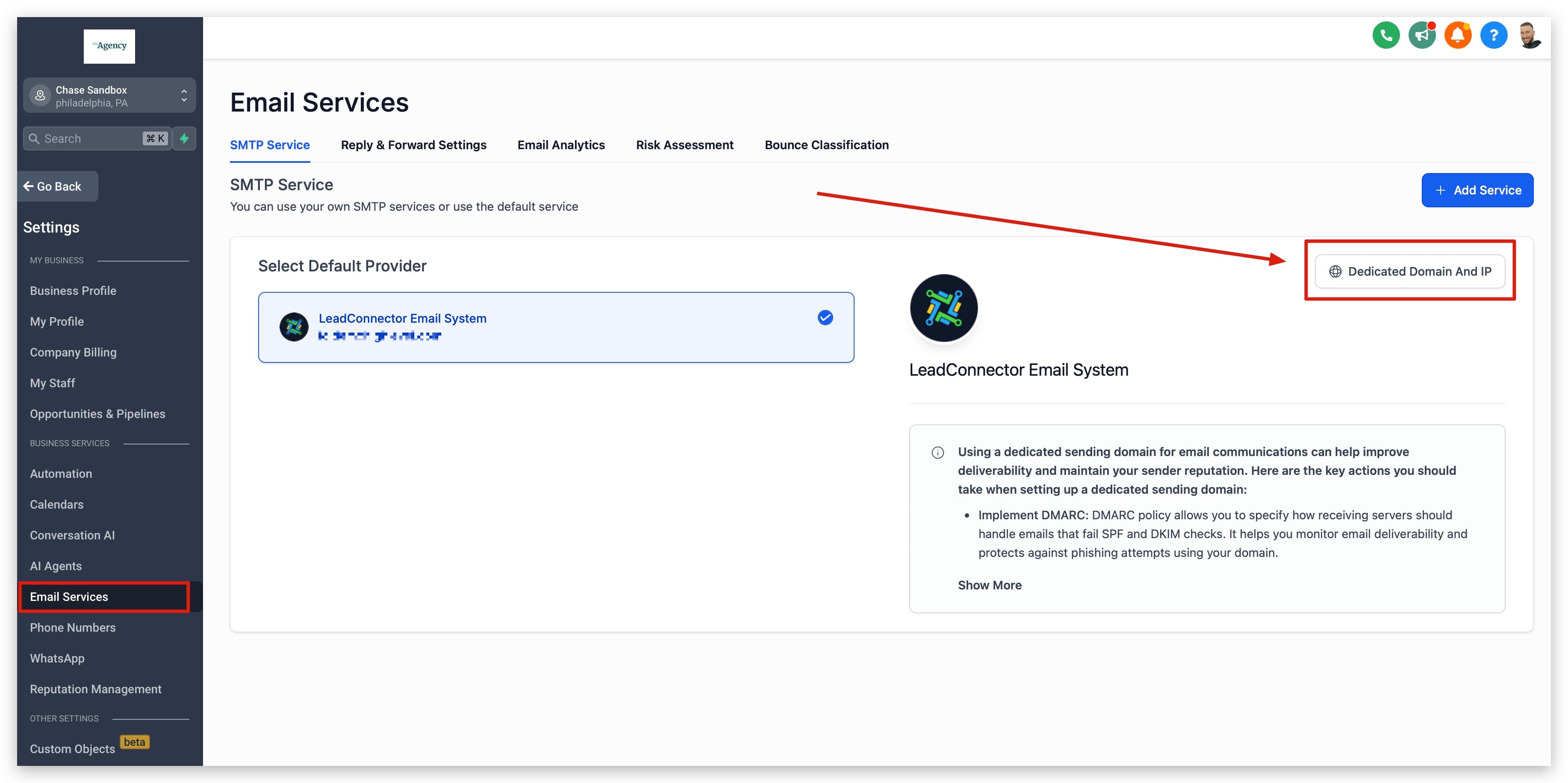 Navigazione in Location Settings verso Email Services