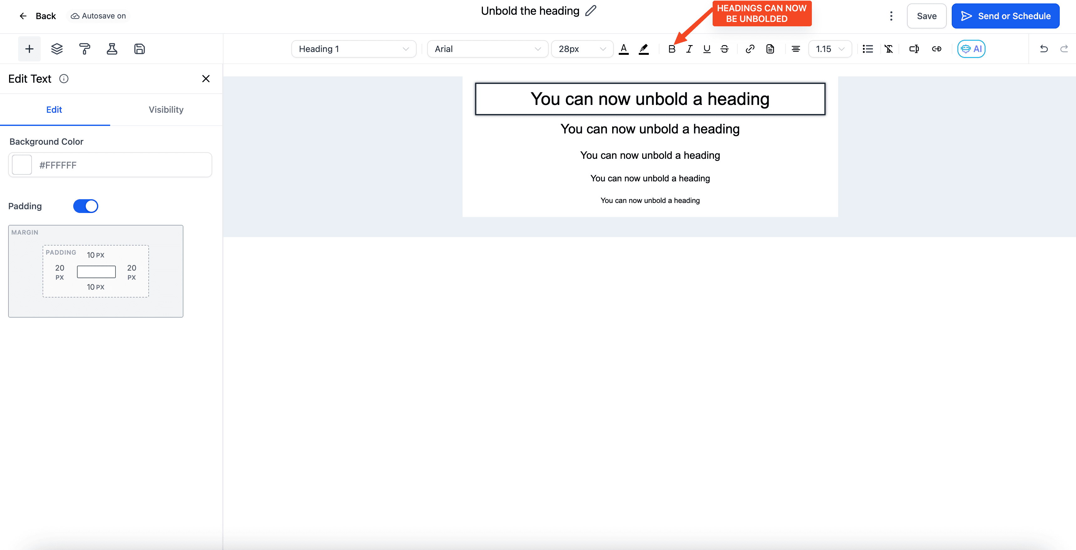 Schermata 5 — Elemento Testo nell'Email Builder
