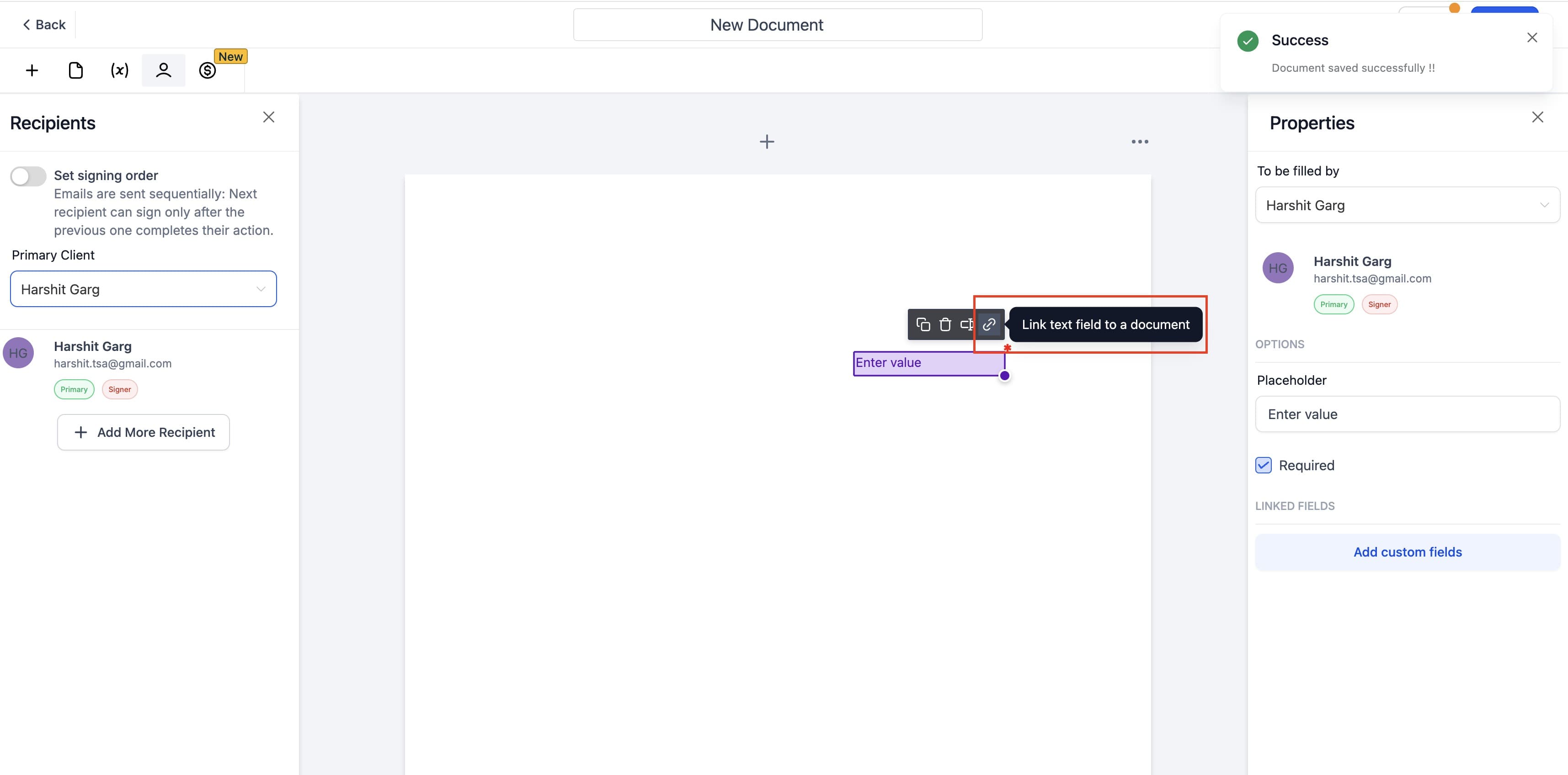 Schermata 1 — Collega i Valori Personalizzati ai campi Testo e Data: Documenti e Contratti