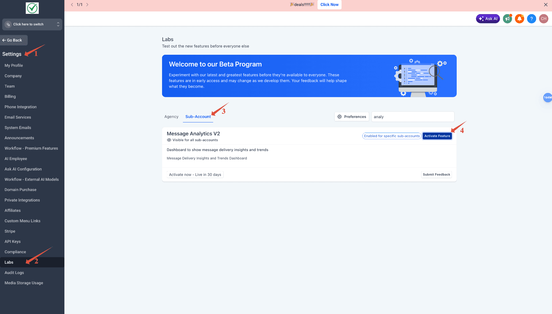 Schermata 1 — Messaging Analytics (Nuova Esperienza) nelle Impostazioni Telefono