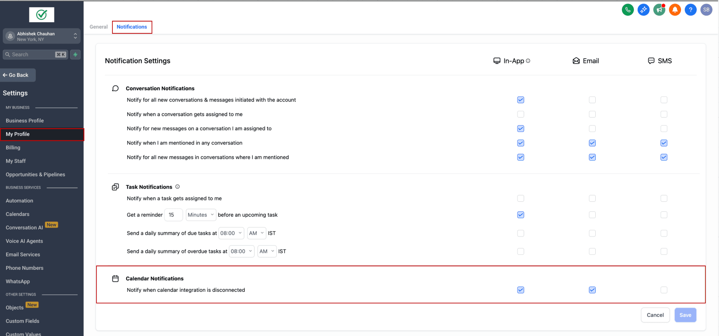 Schermata 1 — Notifiche di Disconnessione delle Integrazioni Calendario
