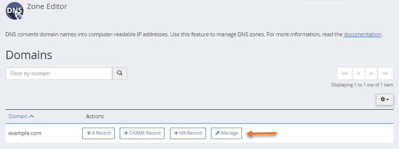 Pulsante Manage accanto a un dominio in cPanel Zone Editor
