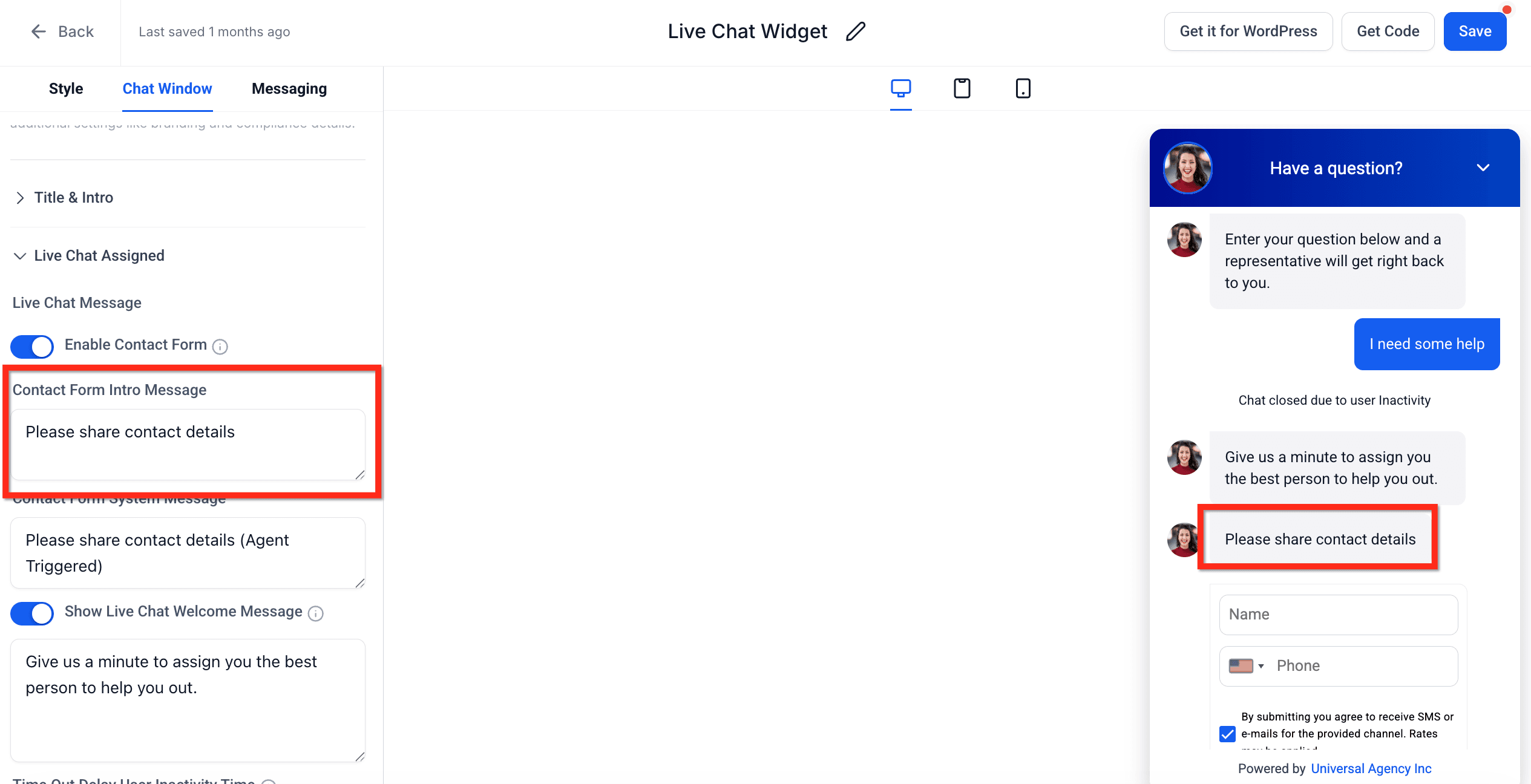 Schermata 4 — Raccogliere i dati del visitatore prima che inizi la Live Chat