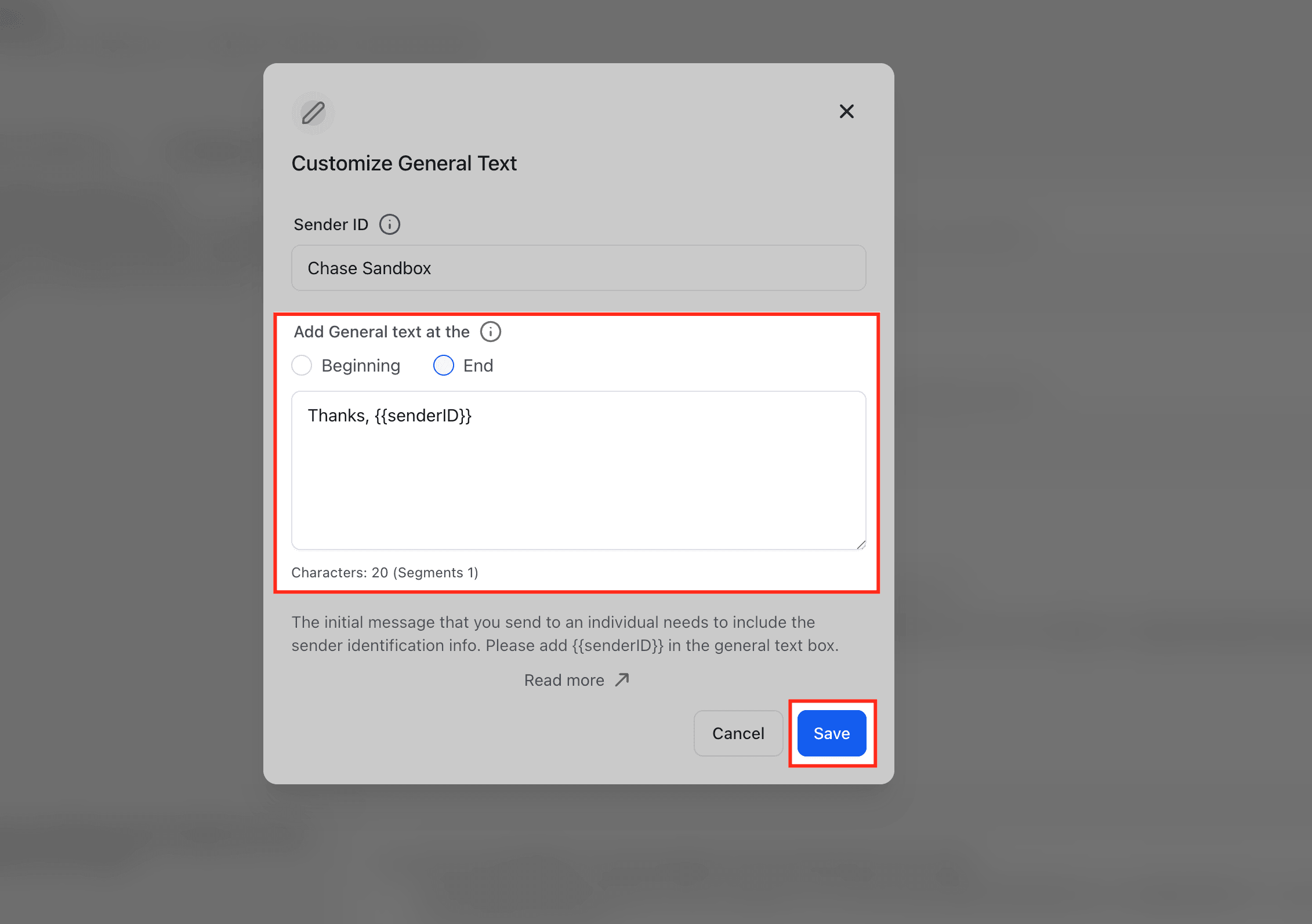 Schermata 9 — Configura l'Aggiornamento Automatico del Messaggio di Opt-Out e delle Informazioni del Mittente nella Conformità di Messaggistica