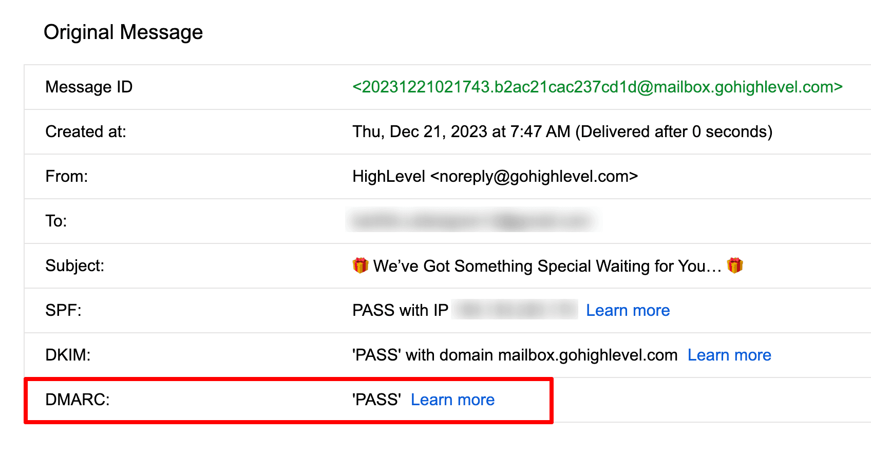 Intestazione email Gmail che mostra un record DMARC valido che supera l'autenticazione