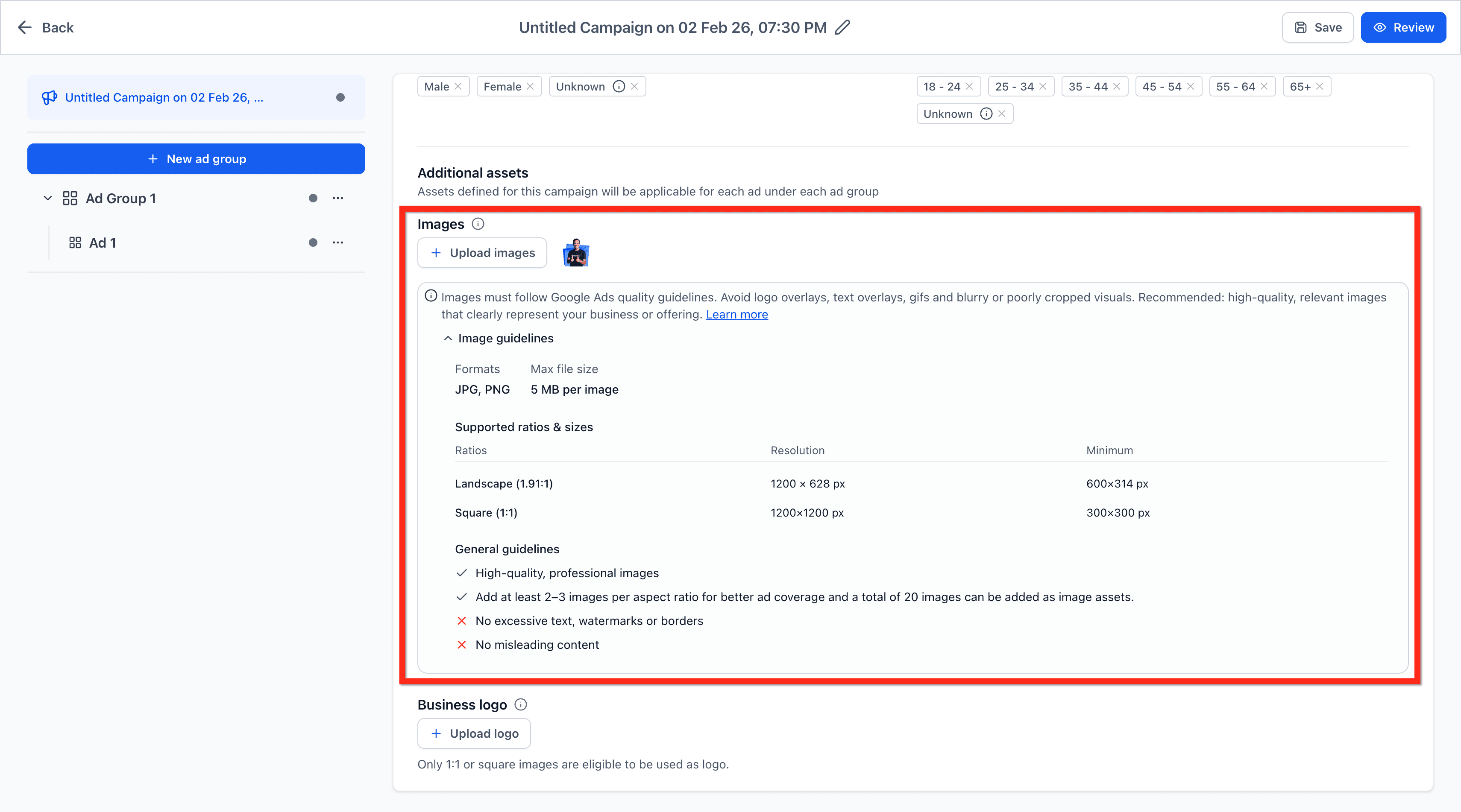 Schermata 1 — Ad Manager - Configura gli Asset Aggiuntivi di Google Ads a Livello di Campaign