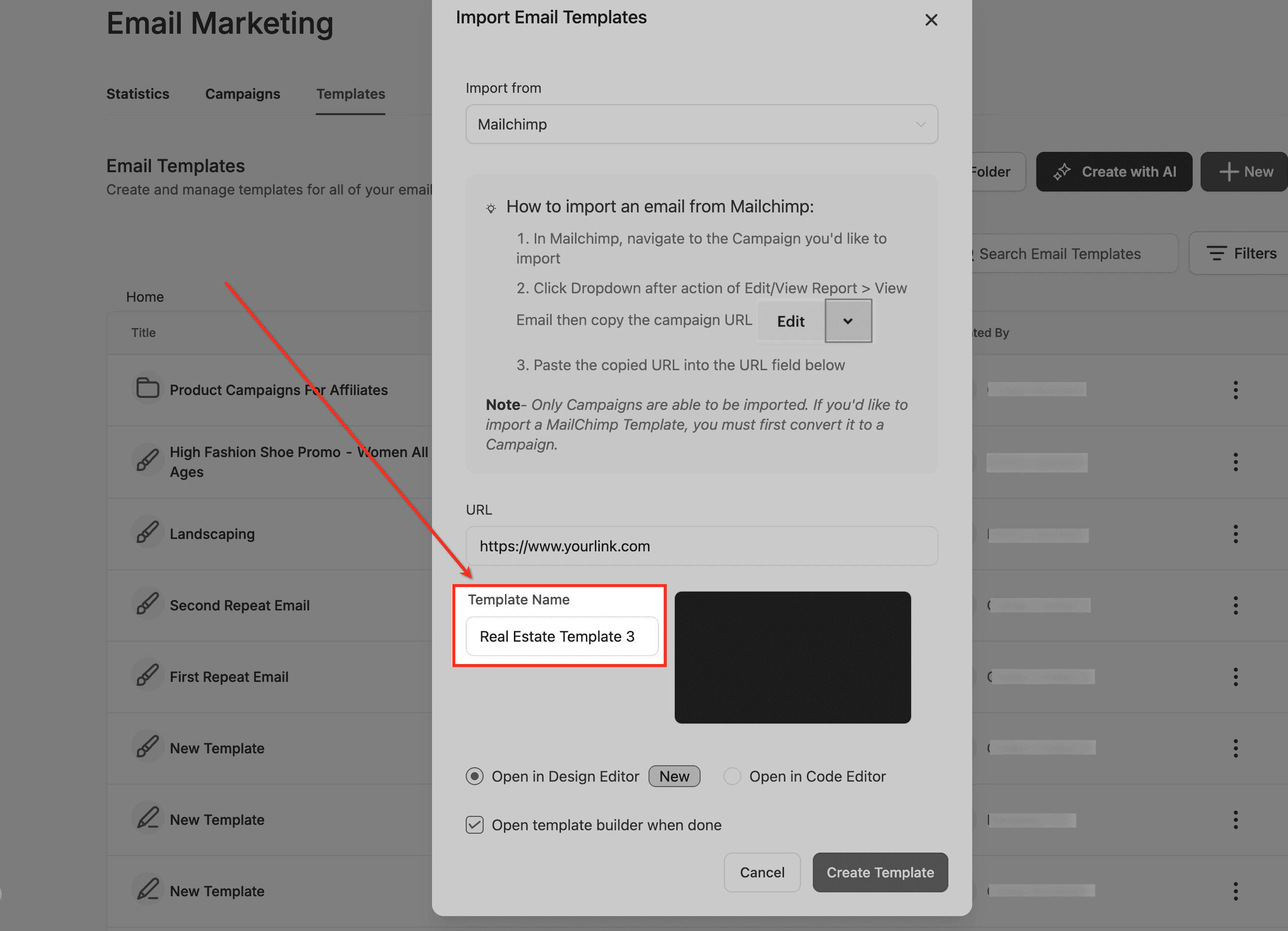 Schermata 5 — Importare e modificare template email Mailchimp nel Design Editor di HITLEAD