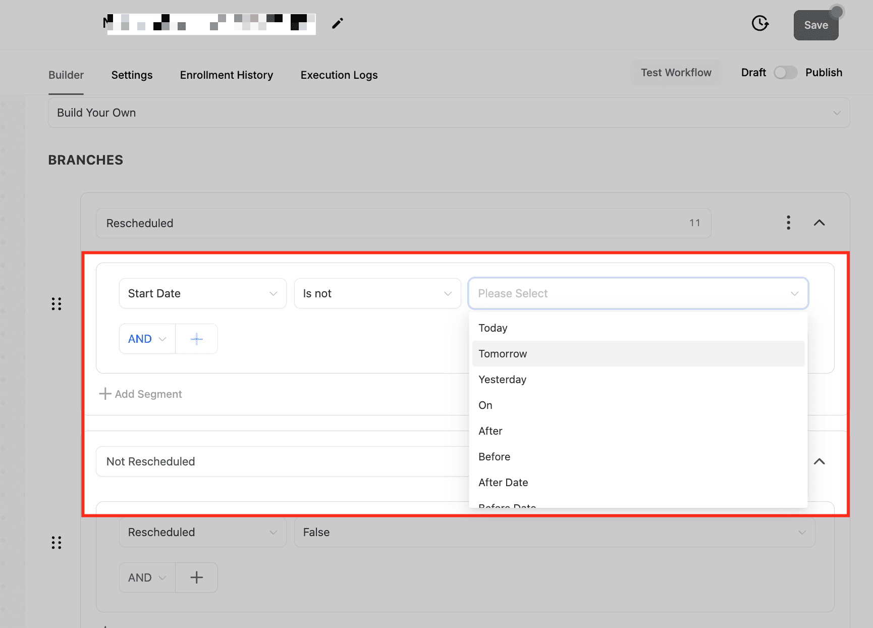 Schermata 10 — Azione Workflow If/Else - Opzioni di Filtro per gli Appuntamenti