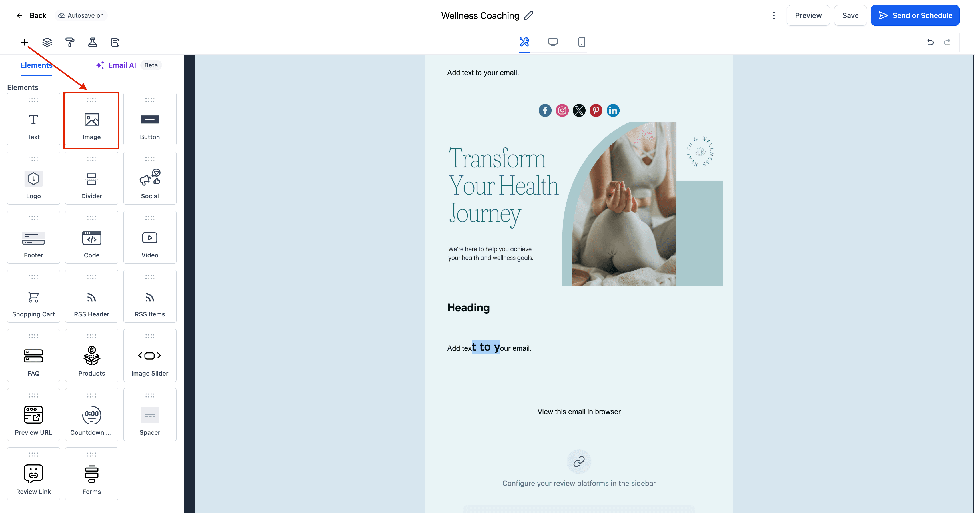 Schermata 3 — Elemento Immagine nell'Email Builder