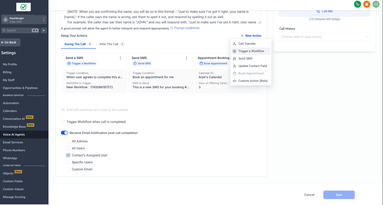 Schermata 5 — Azioni Durante e Dopo la Chiamata in Voice AI