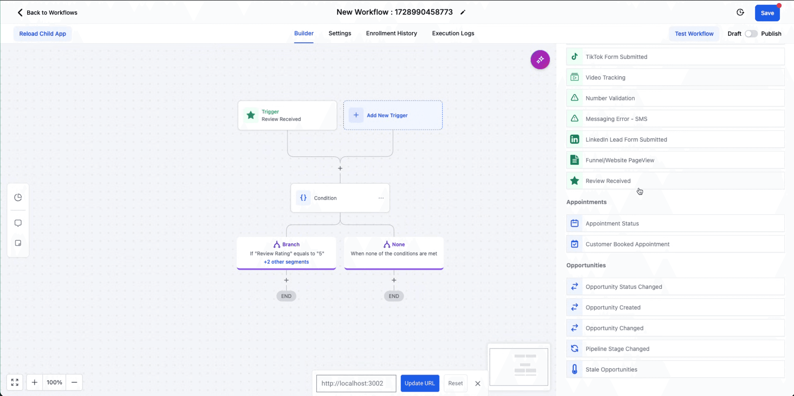 Schermata 1 — Come configurare i Trigger Workflow per le recensioni di Google e Facebook