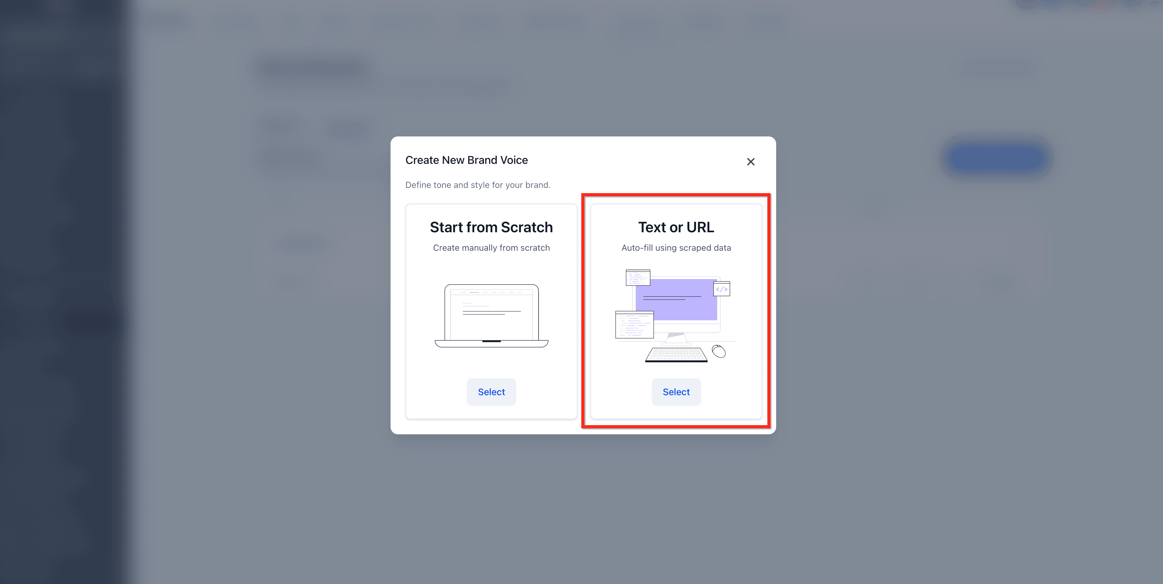 Schermata 3 — Crea la tua Brand Voice da testo o URL