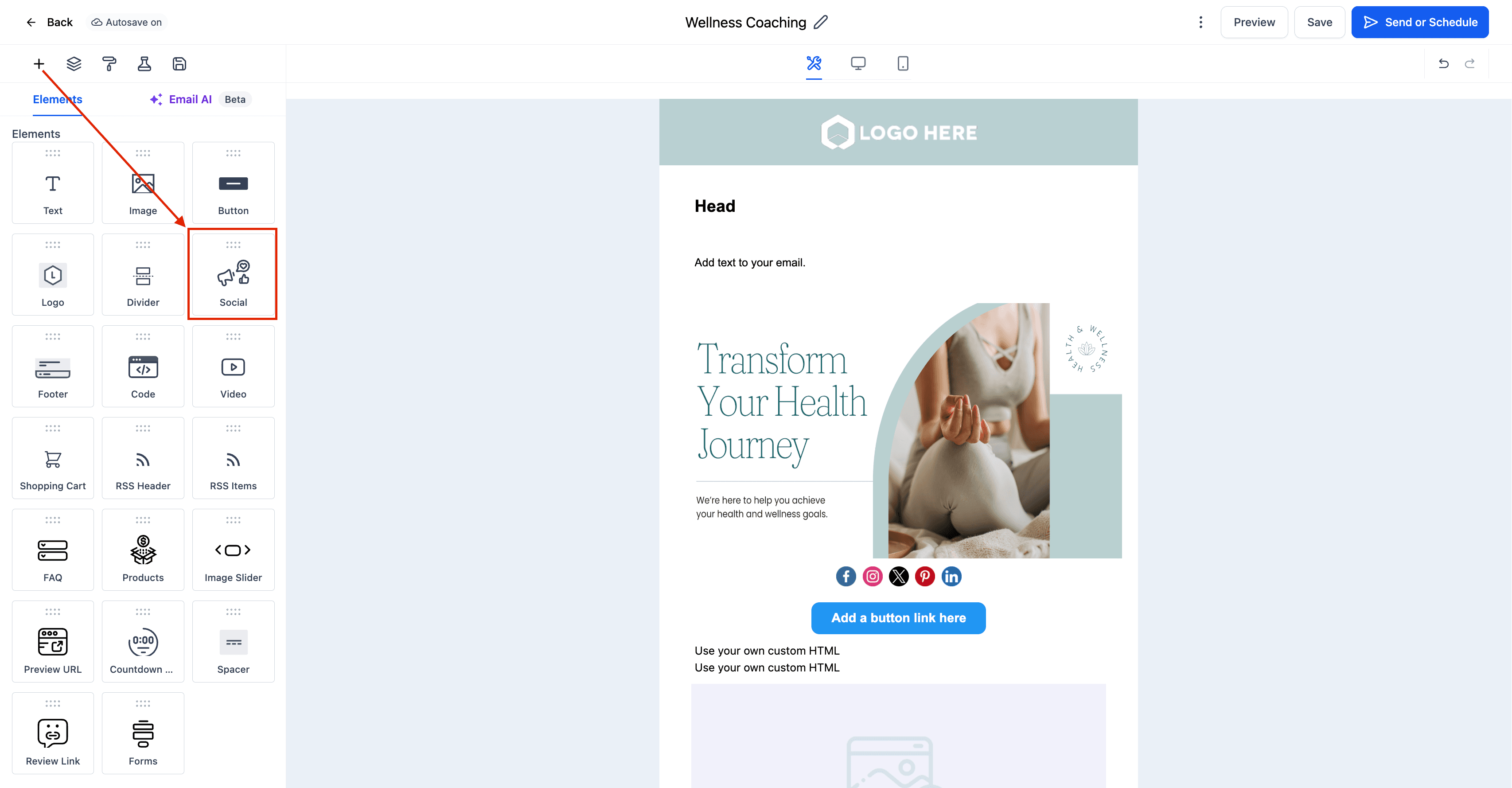 Schermata 3 — Elemento Social nell'Email Builder