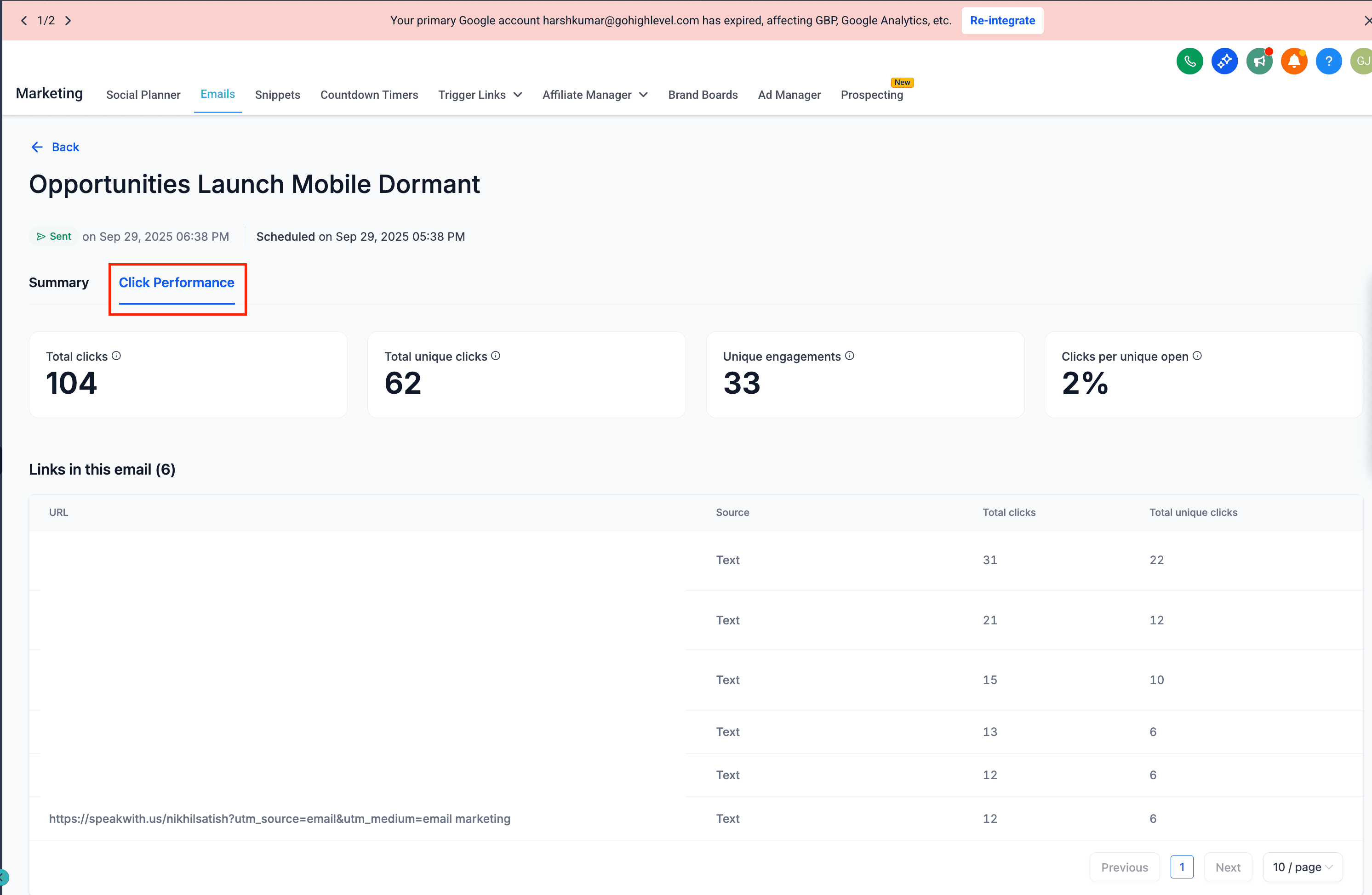 Schermata 5 — Performance dei Click nelle Statistiche Email