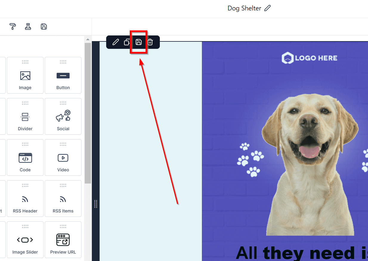 Schermata 2 — Come salvare elementi nell'email builder per un accesso rapido