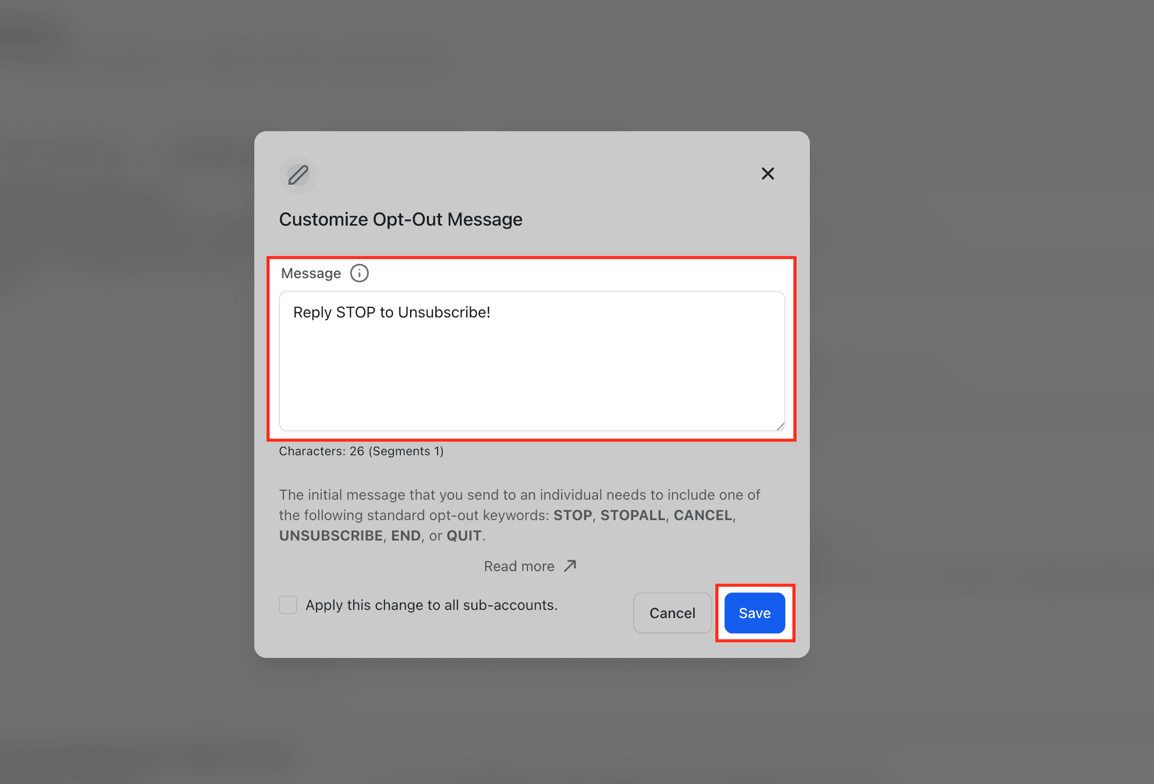 Schermata 6 — Configura l'Aggiornamento Automatico del Messaggio di Opt-Out e delle Informazioni del Mittente nella Conformità di Messaggistica