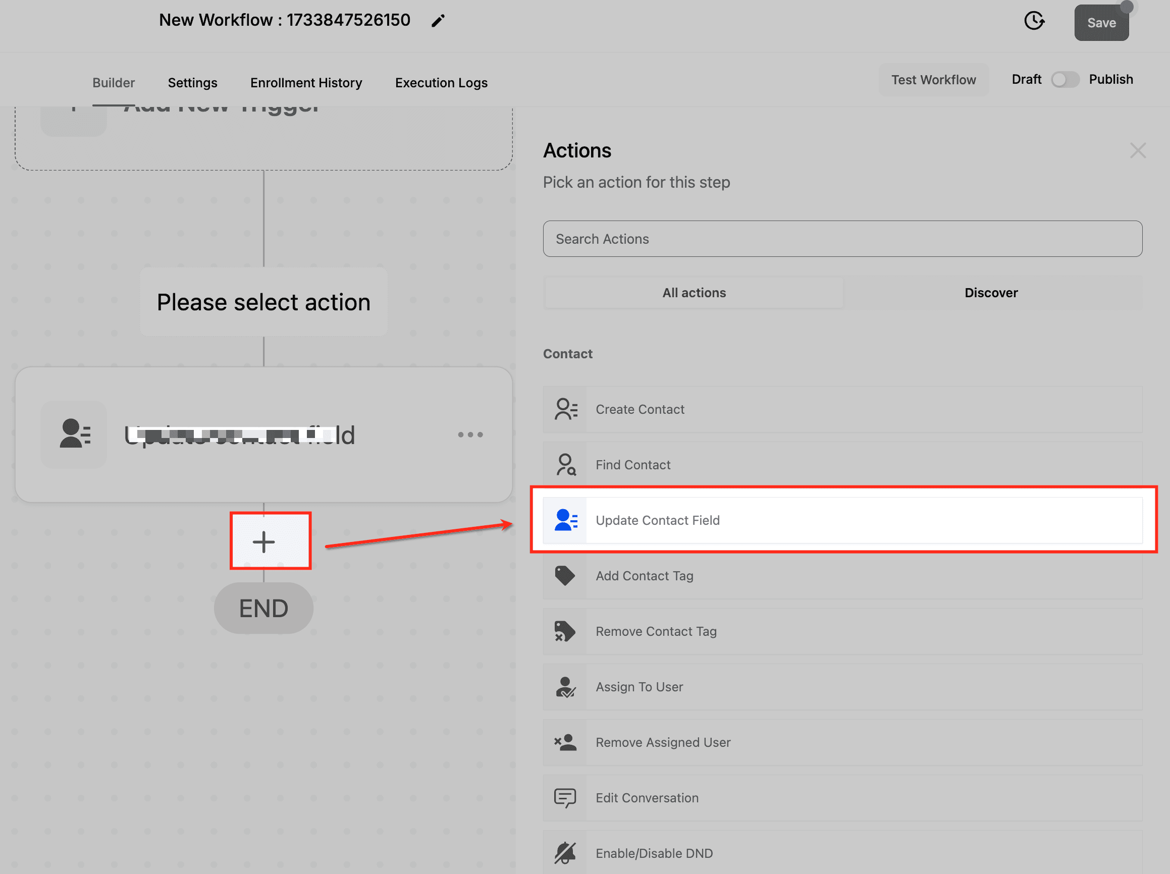 Schermata 3 — Azione Workflow - Aggiorna Campo Contatto