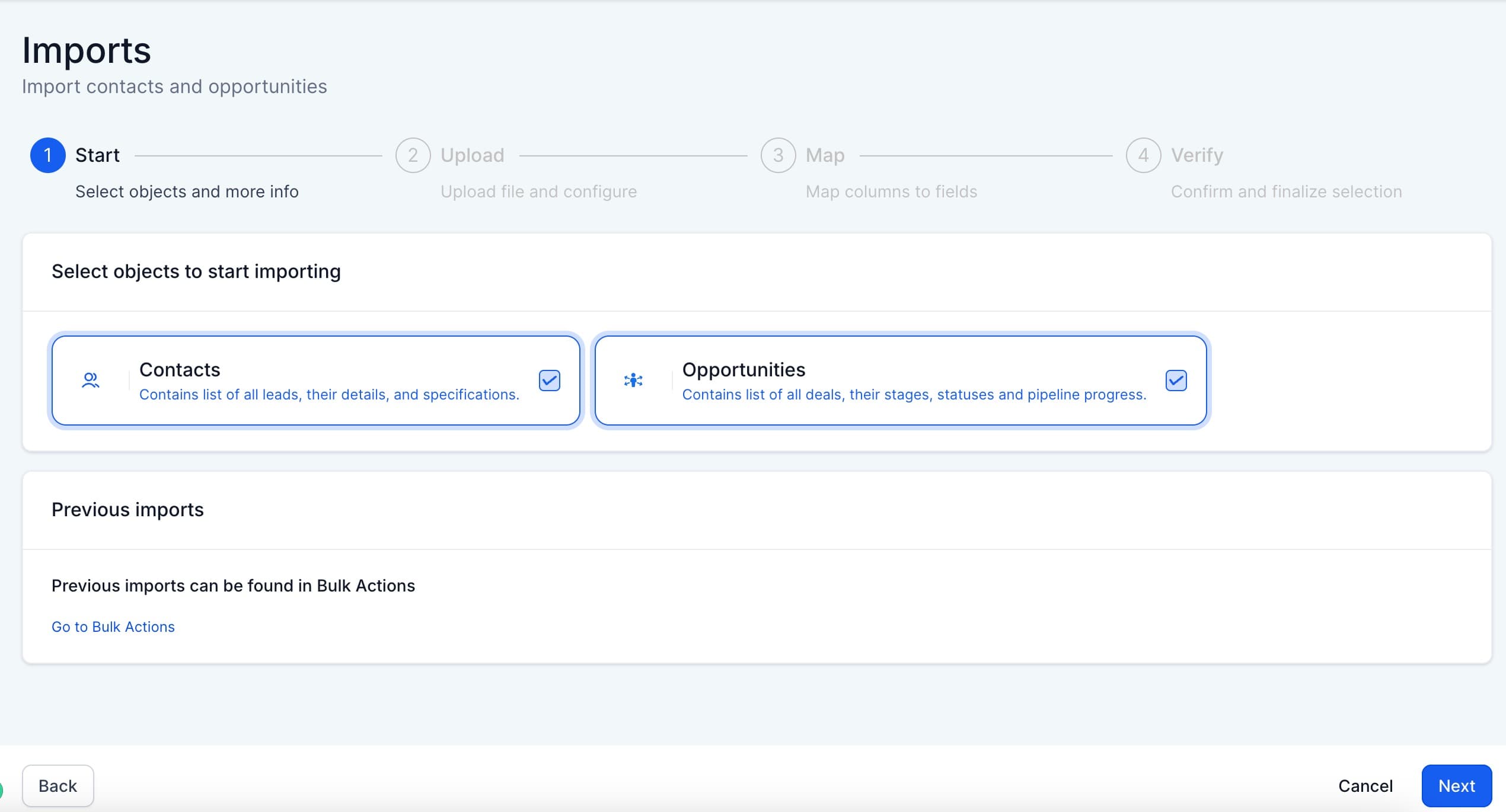 Schermata 3 — Importazione di Contatti e Opportunità tramite CSV