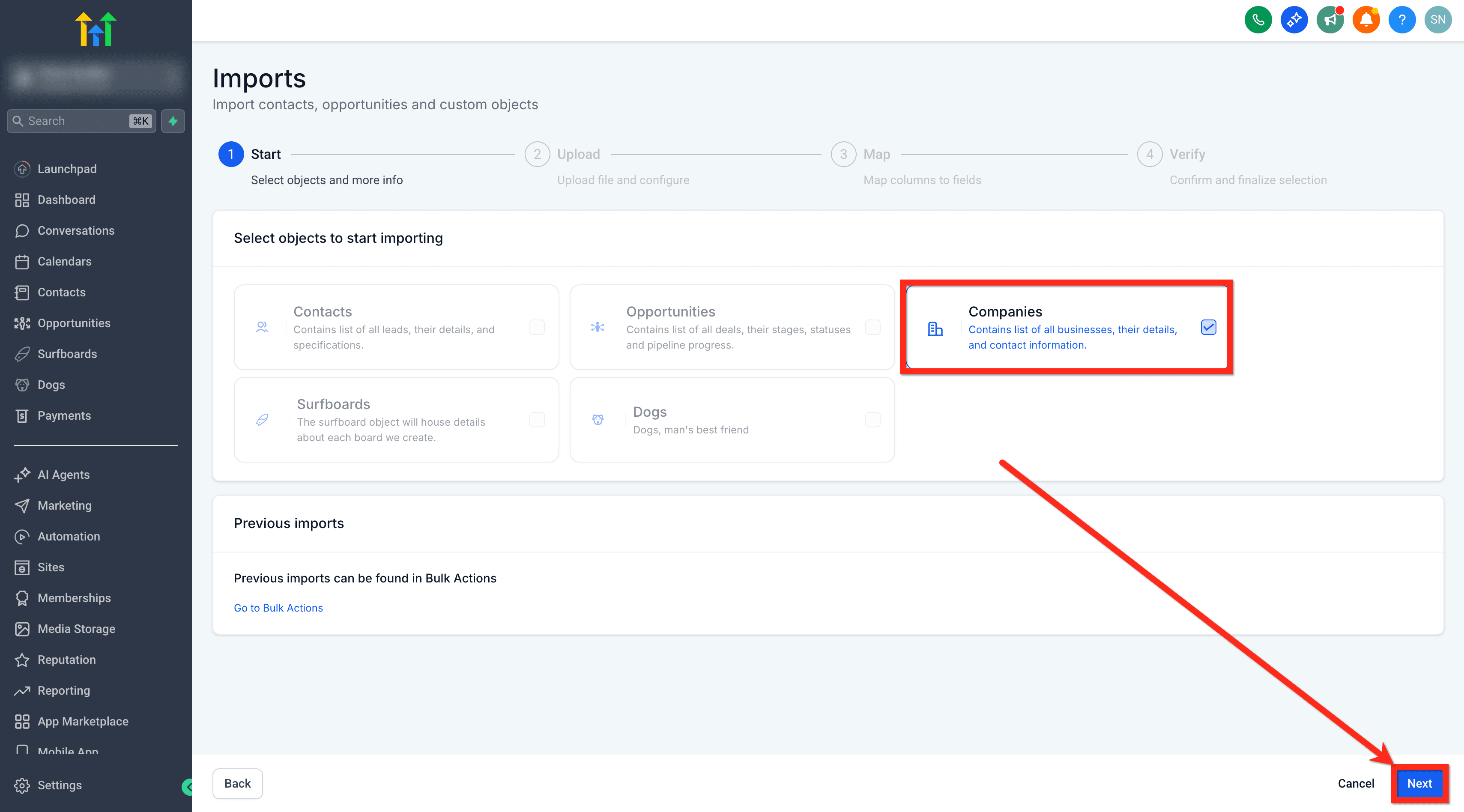 Schermata 3 — Come importare aziende in blocco tramite file CSV