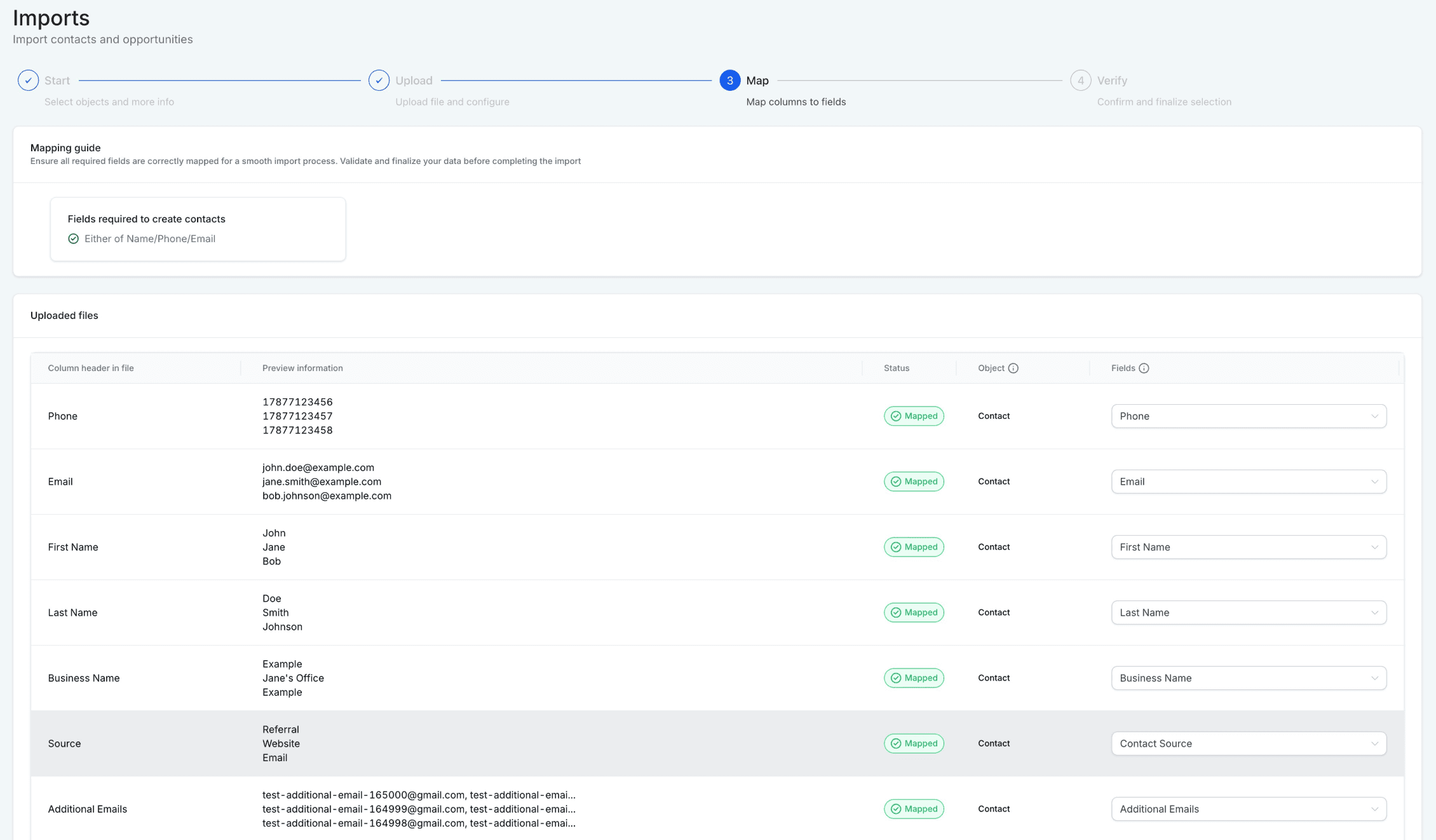 Schermata 6 — Importazione di Contatti e Opportunità tramite CSV