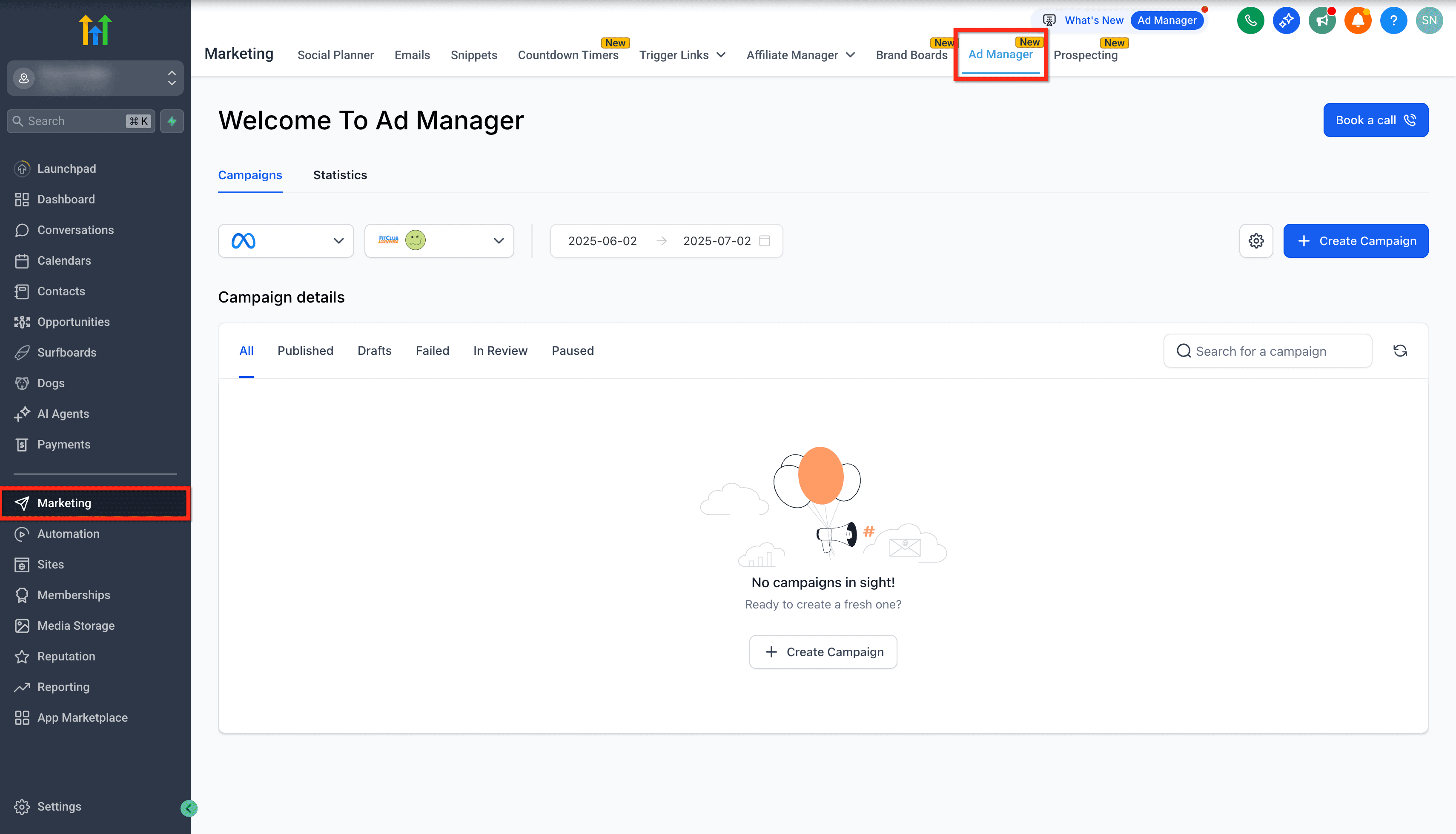 Schermata 1 — Libreria di Template nell'Ads Manager
