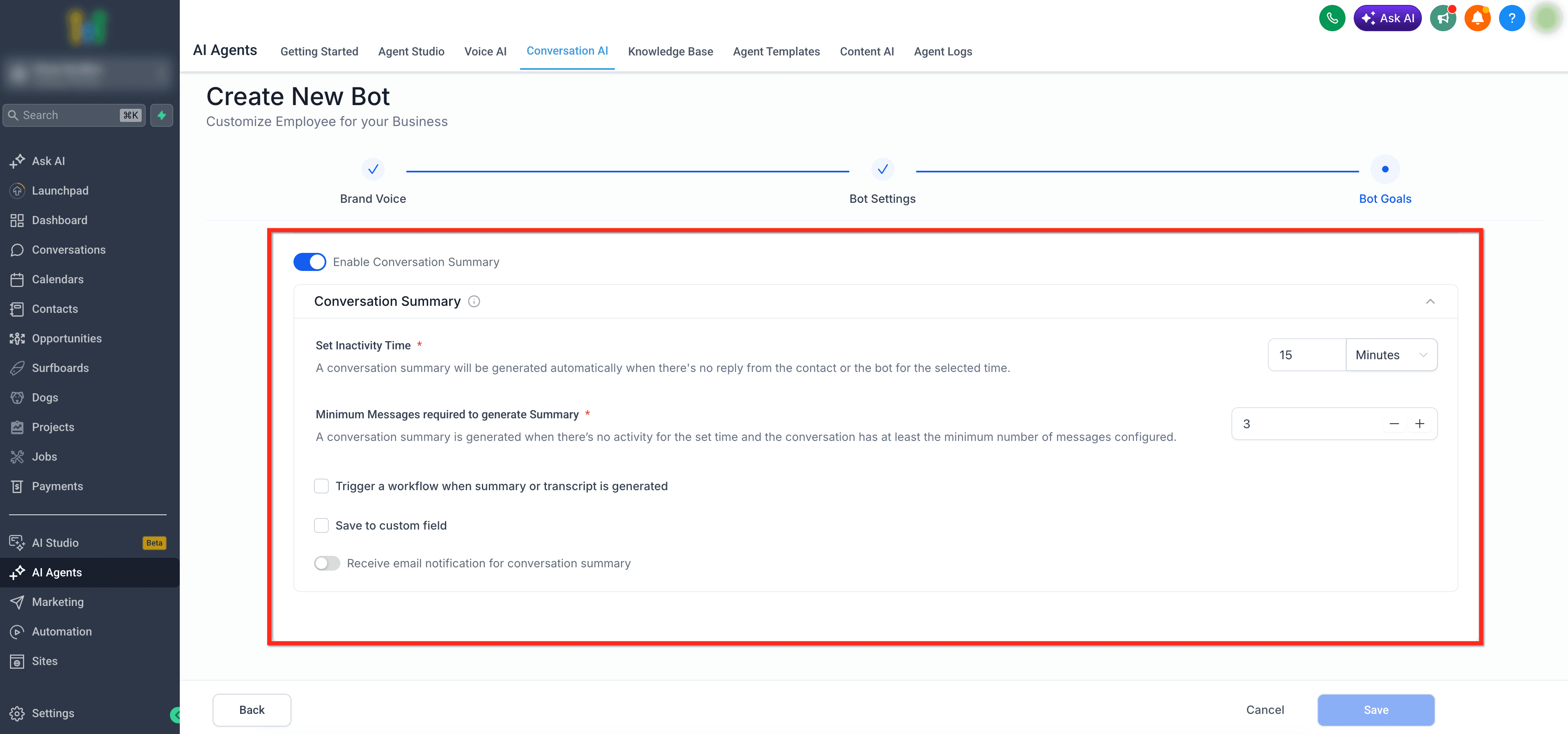 Schermata 10 — Configurazione Guidata tramite Form per Conversation AI