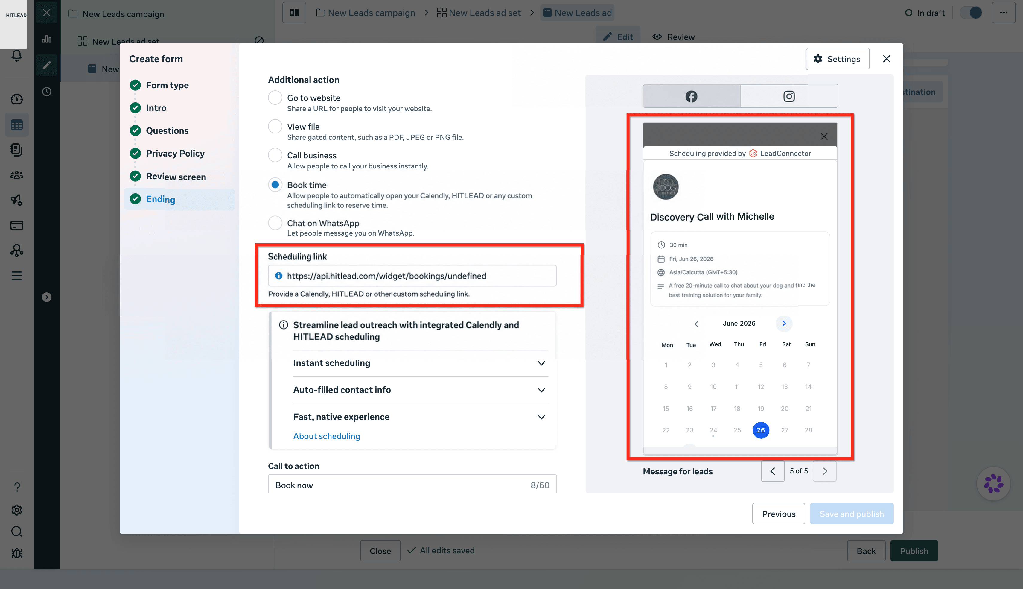 Schermata 7 — Usa la prenotazione calendario HITLEAD incorporata per Facebook Lead Ads