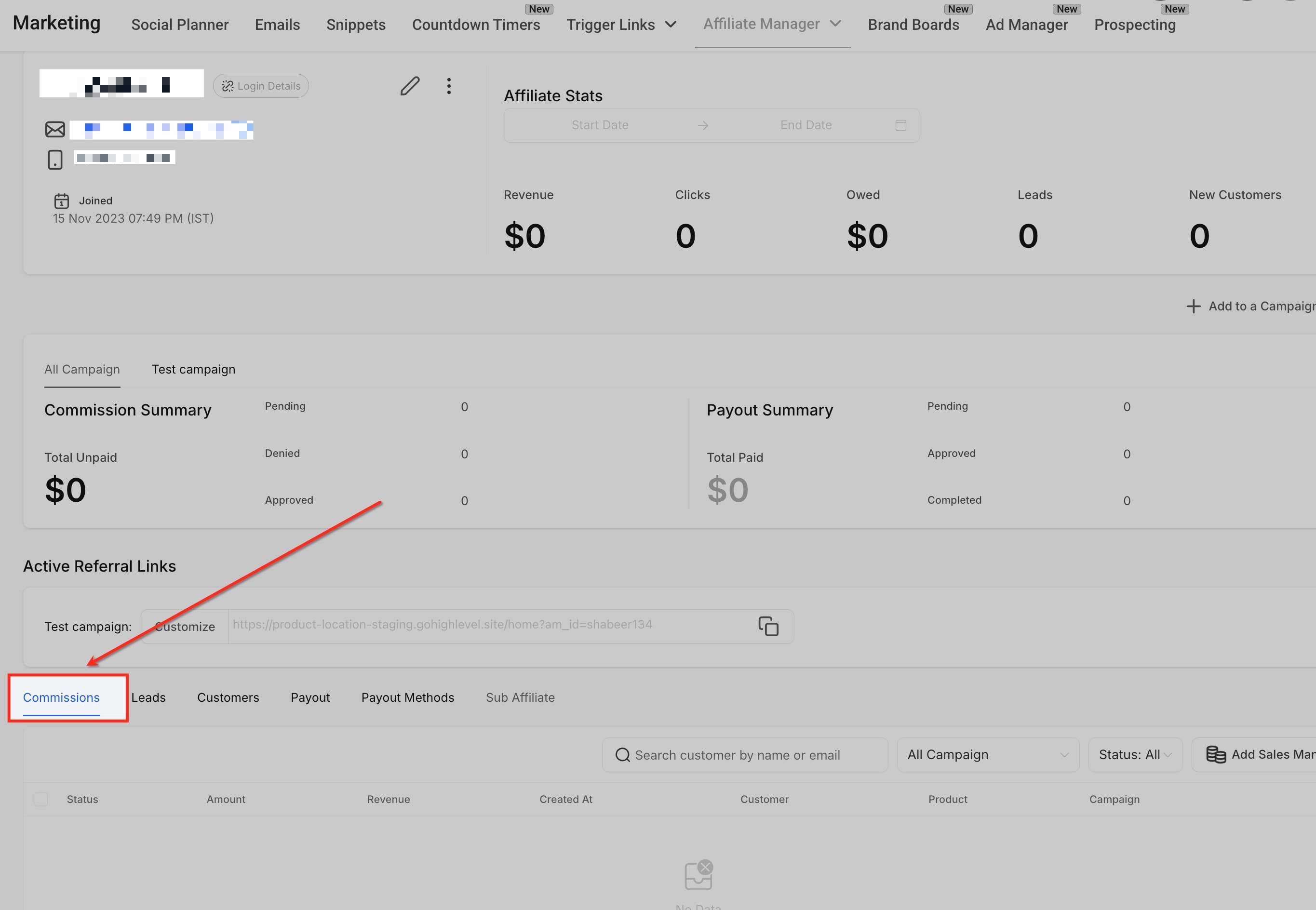 Schermata 3 — Affiliate Manager Sub Account: Azioni Collettive per le Commissioni degli Affiliati