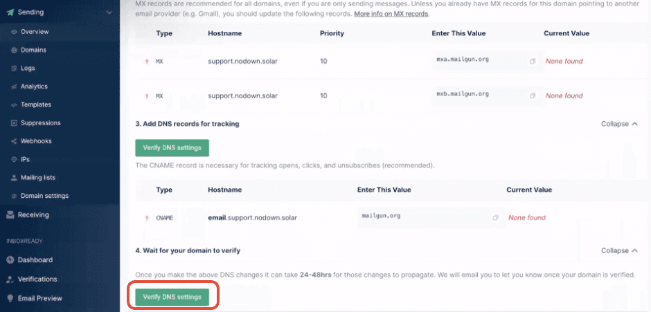 Pulsante Verify DNS Settings in Mailgun