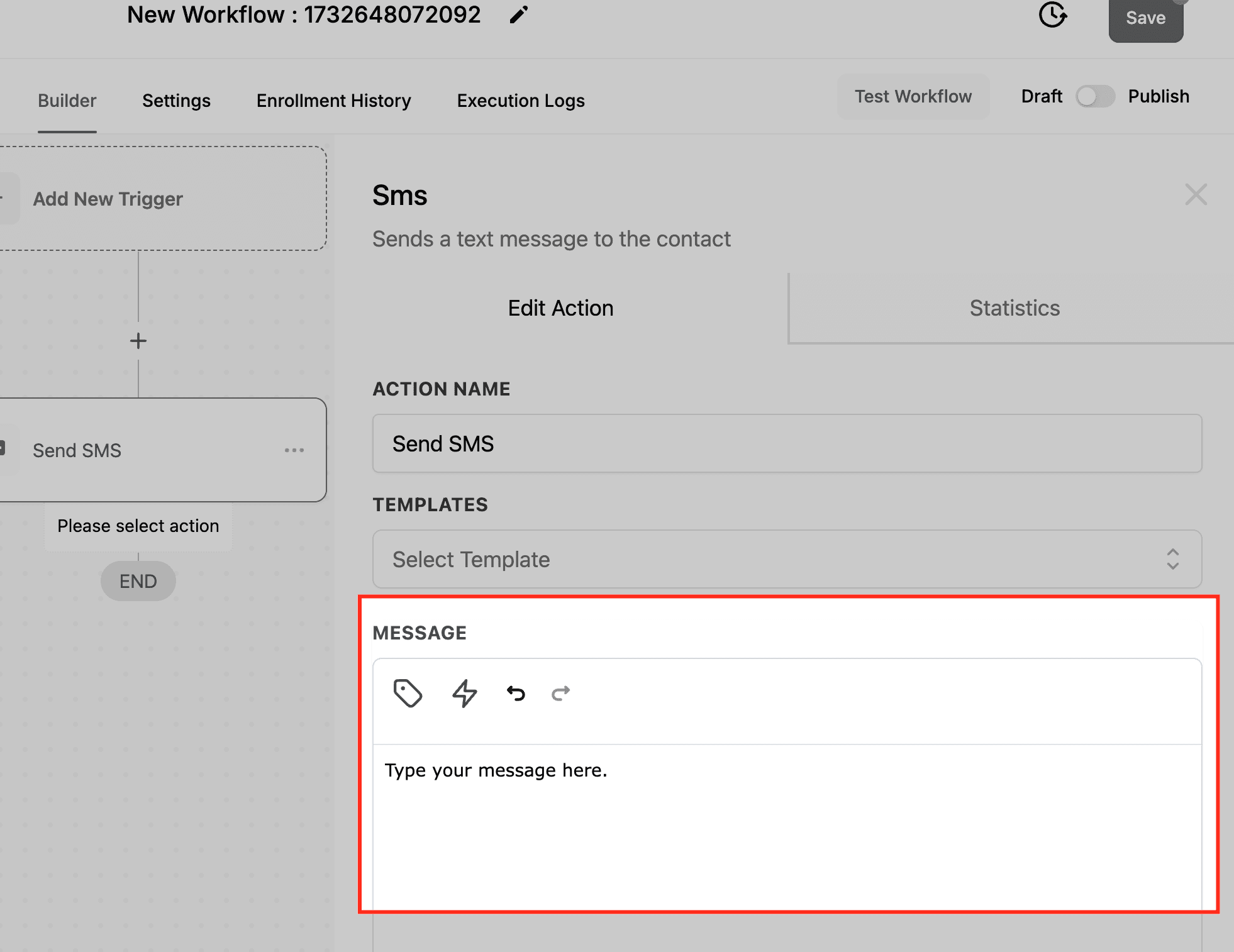 Schermata 4 — Azione Workflow - Invia SMS