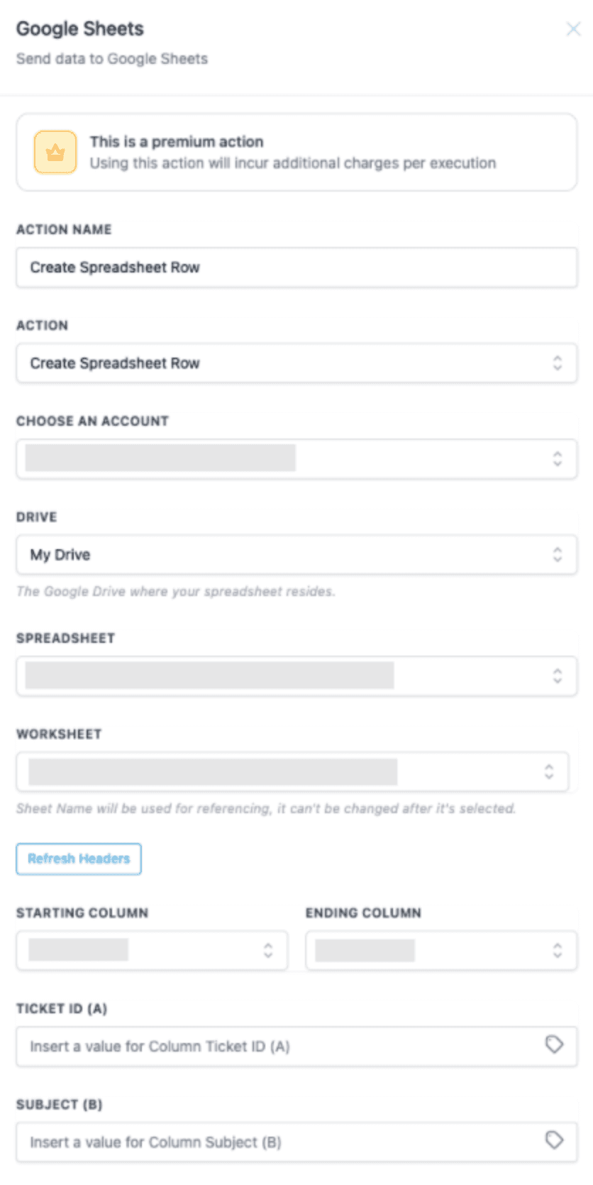 Schermata 1 — Azione Workflow - Google Sheets