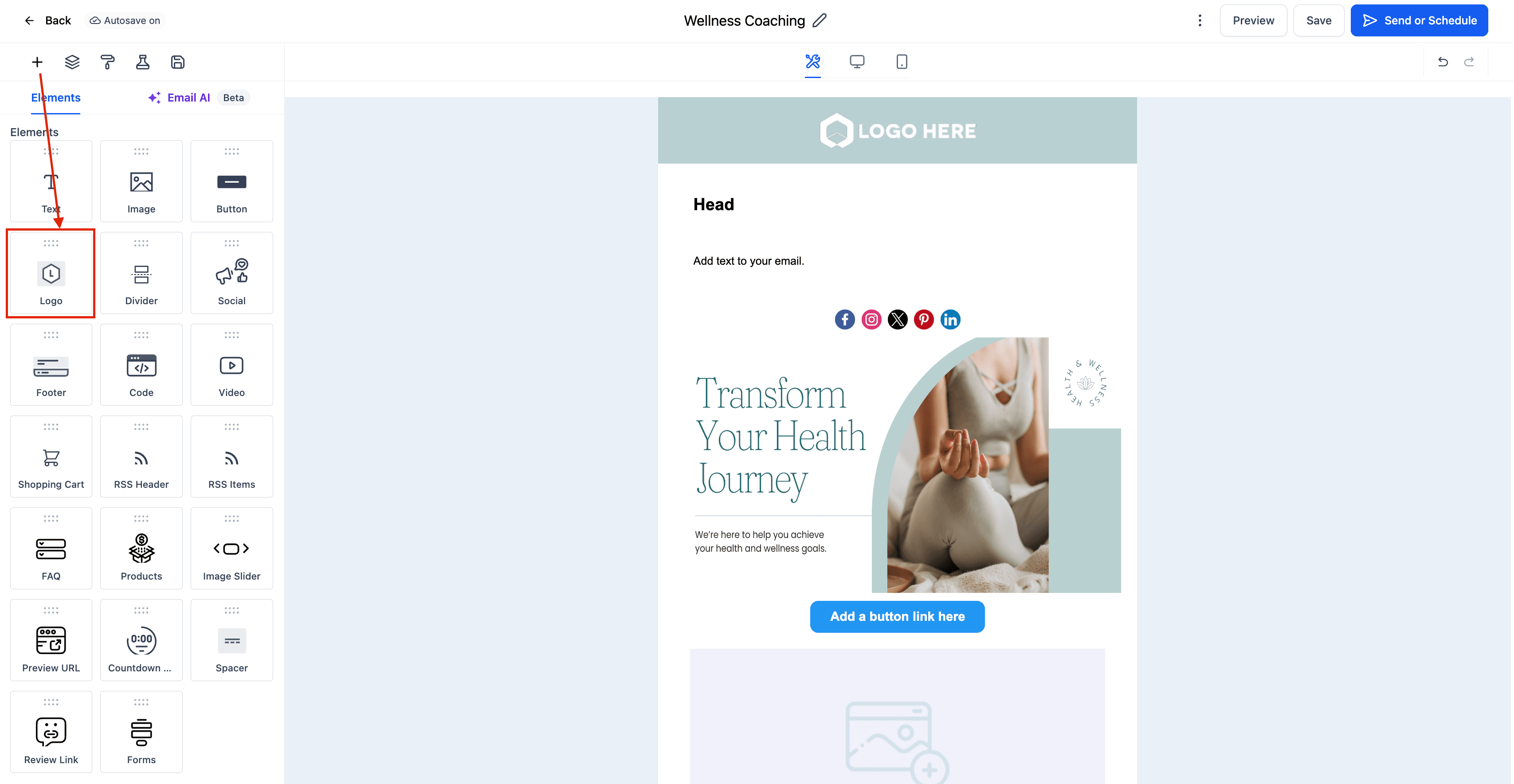 Schermata 3 — Elemento Logo nell'Email Builder