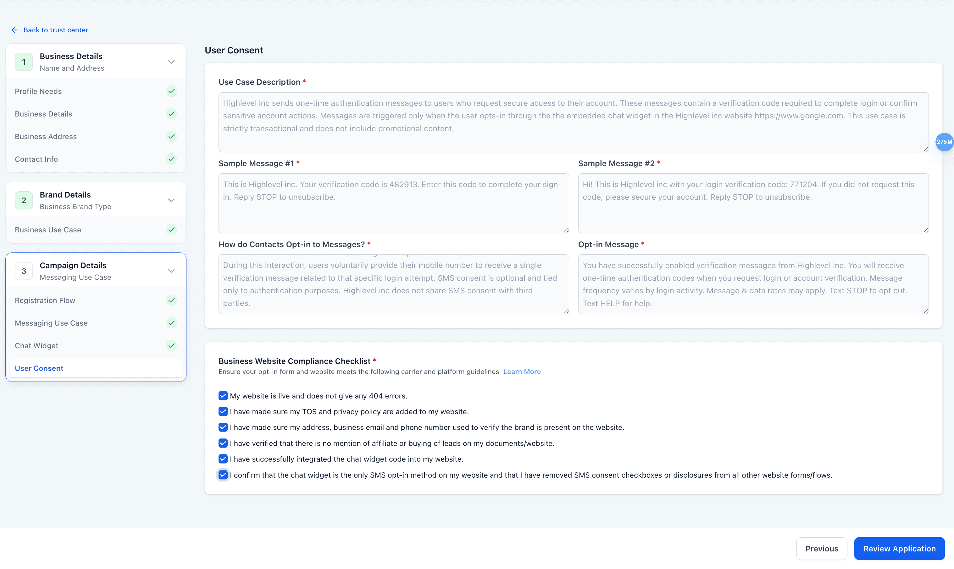 Schermata 15 — Flusso di Registrazione Campaign A2P Pre-Configurata (Widget-First)