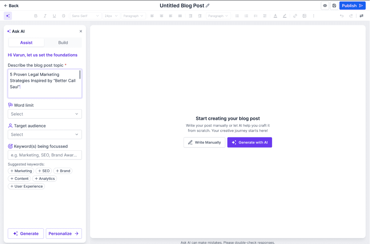 Schermata 1 — Crea articoli del blog con l'AI