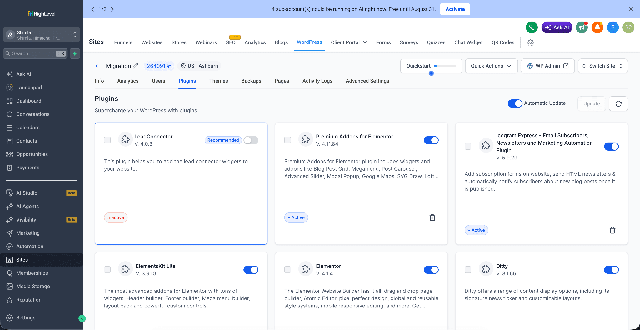 Schermata 2 — Gestione Plugin e Temi WordPress