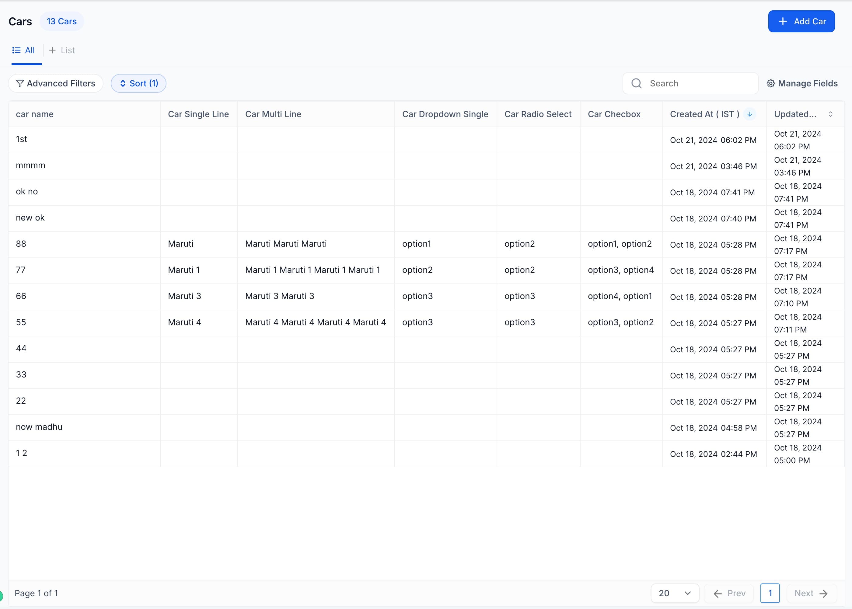 Schermata 1 — Vista Elenco per Oggetti Custom: Ordina, Filtra e Gestisci i Record