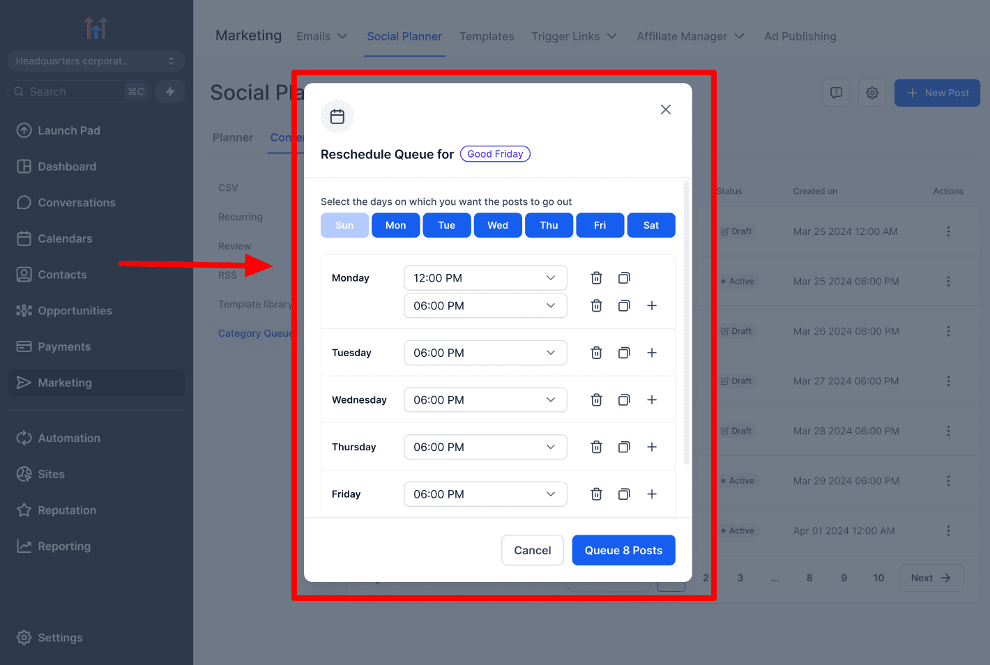 Seleziona una nuova data di inizio per una Category Queue