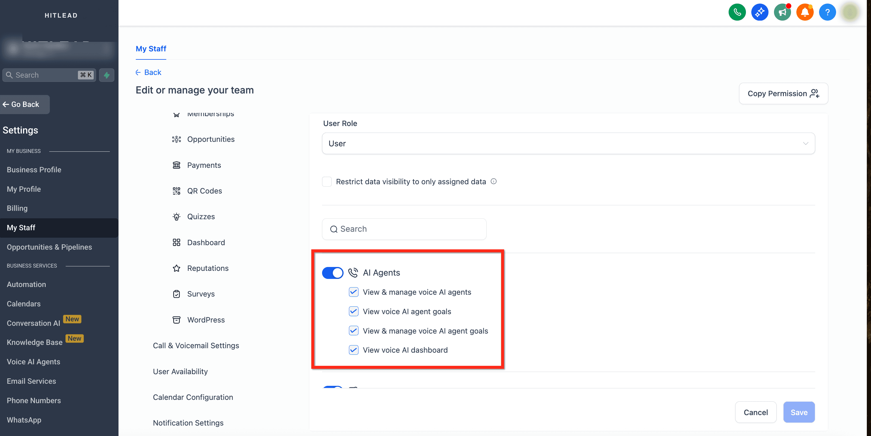 Schermata 3 — Gestione dei Permessi Granulari per gli Agenti Voice AI