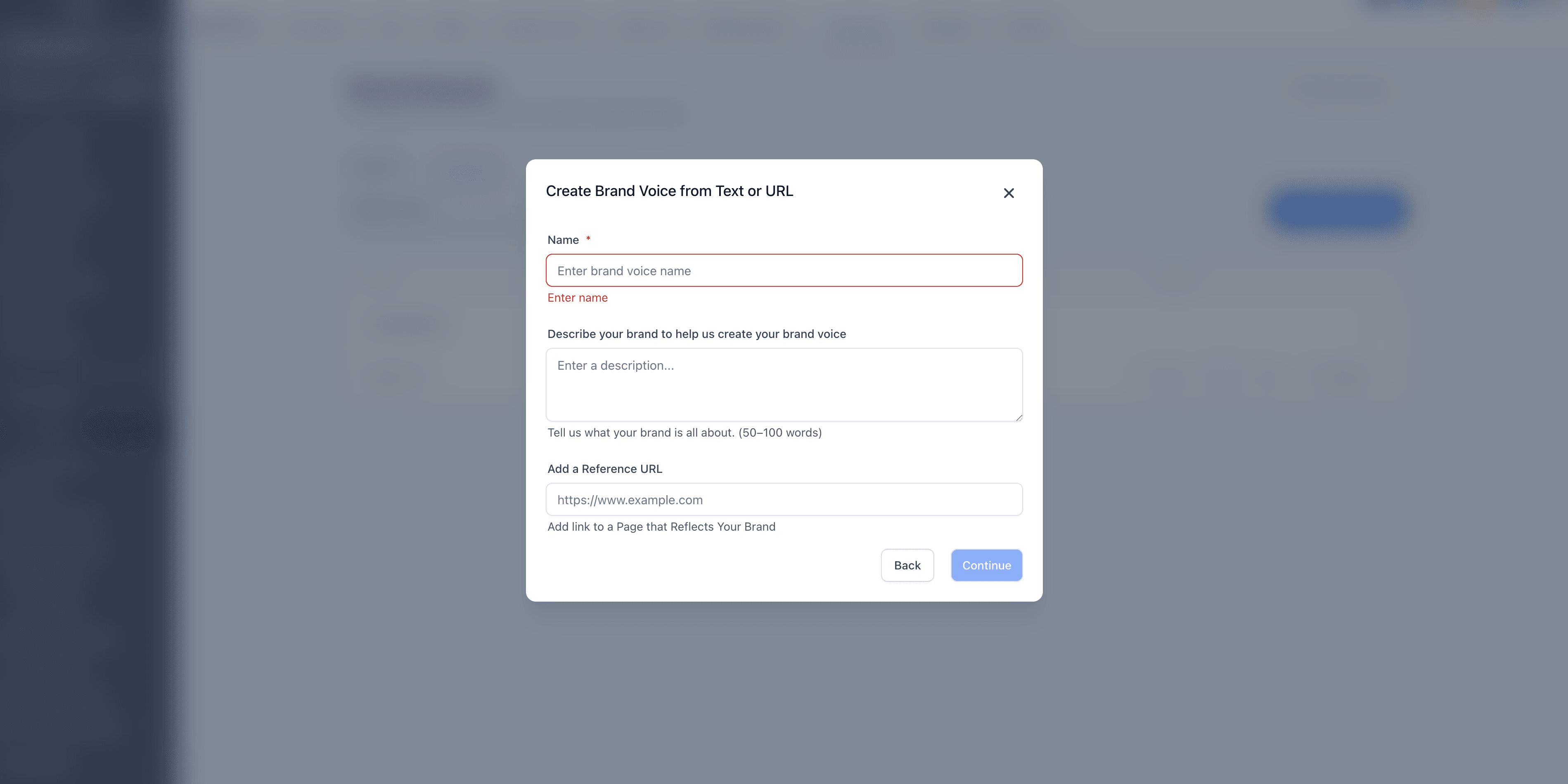 Schermata 4 — Crea la tua Brand Voice da testo o URL