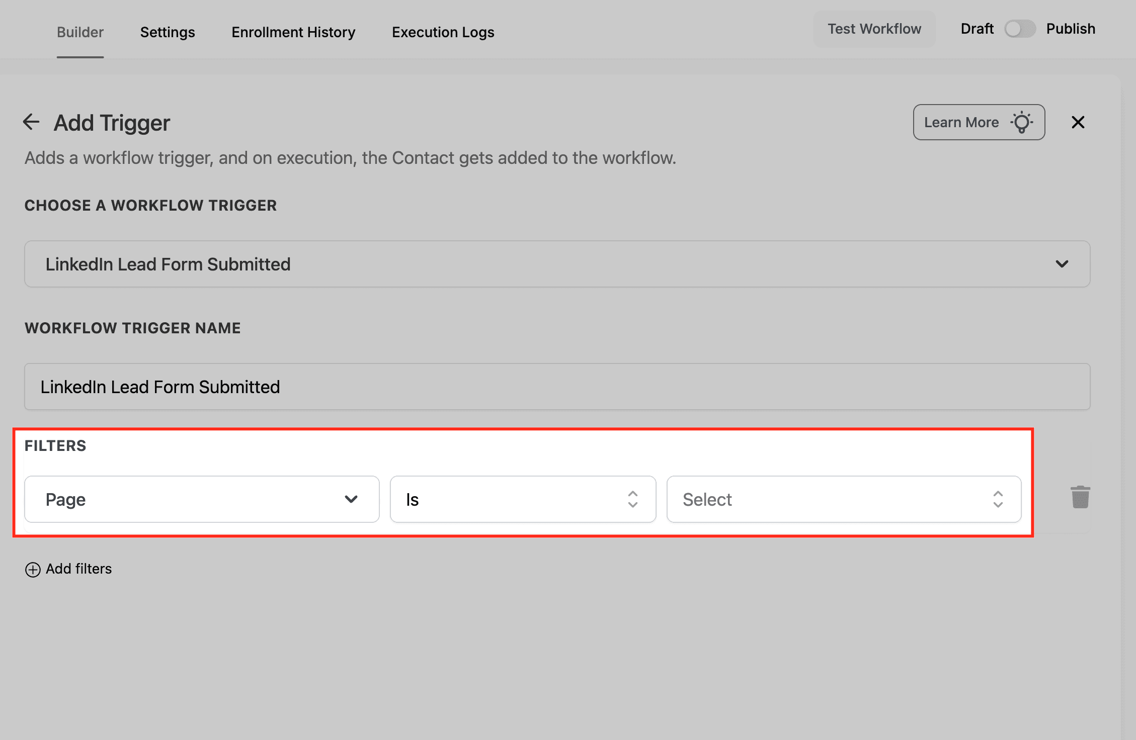 Schermata 6 — Workflow Trigger - LinkedIn Lead Form Submitted