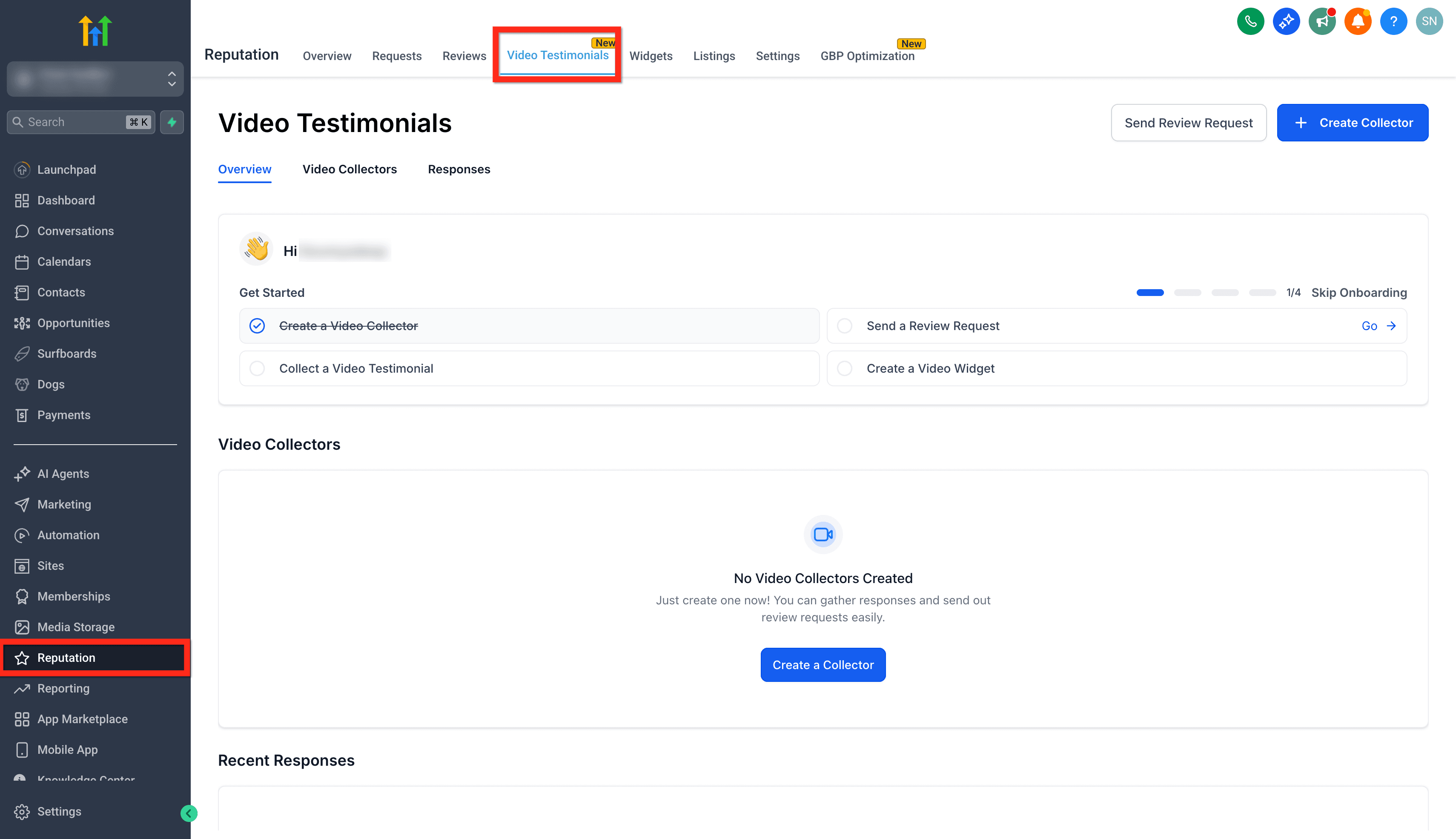 Schermata 1 — Gestione della Reputazione - Video Testimonianze