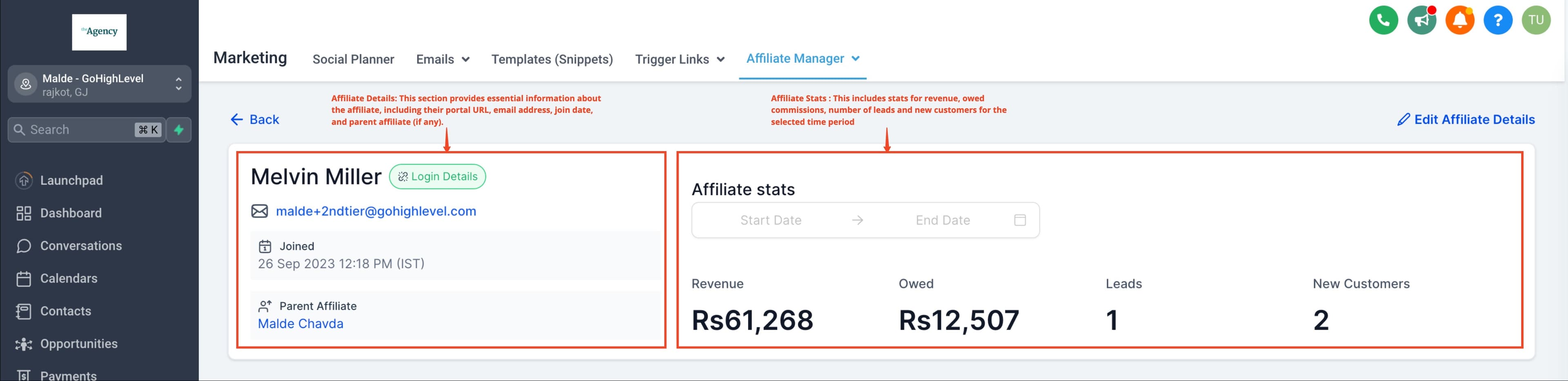 Schermata 2 — Come Navigare la Pagina del Profilo Affiliato per una Gestione Efficiente