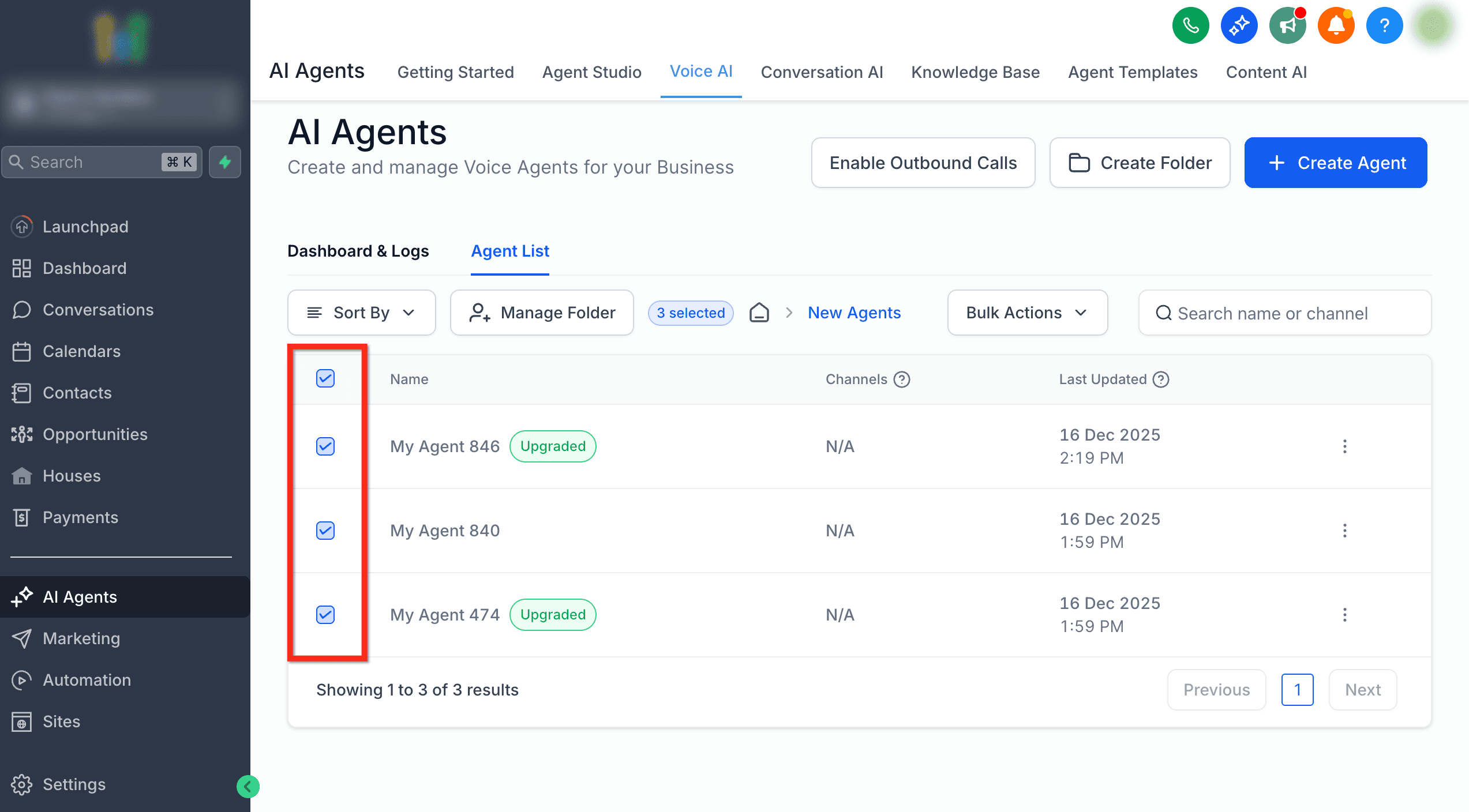 Schermata 7 — Cartelle per gli Agenti Voice AI