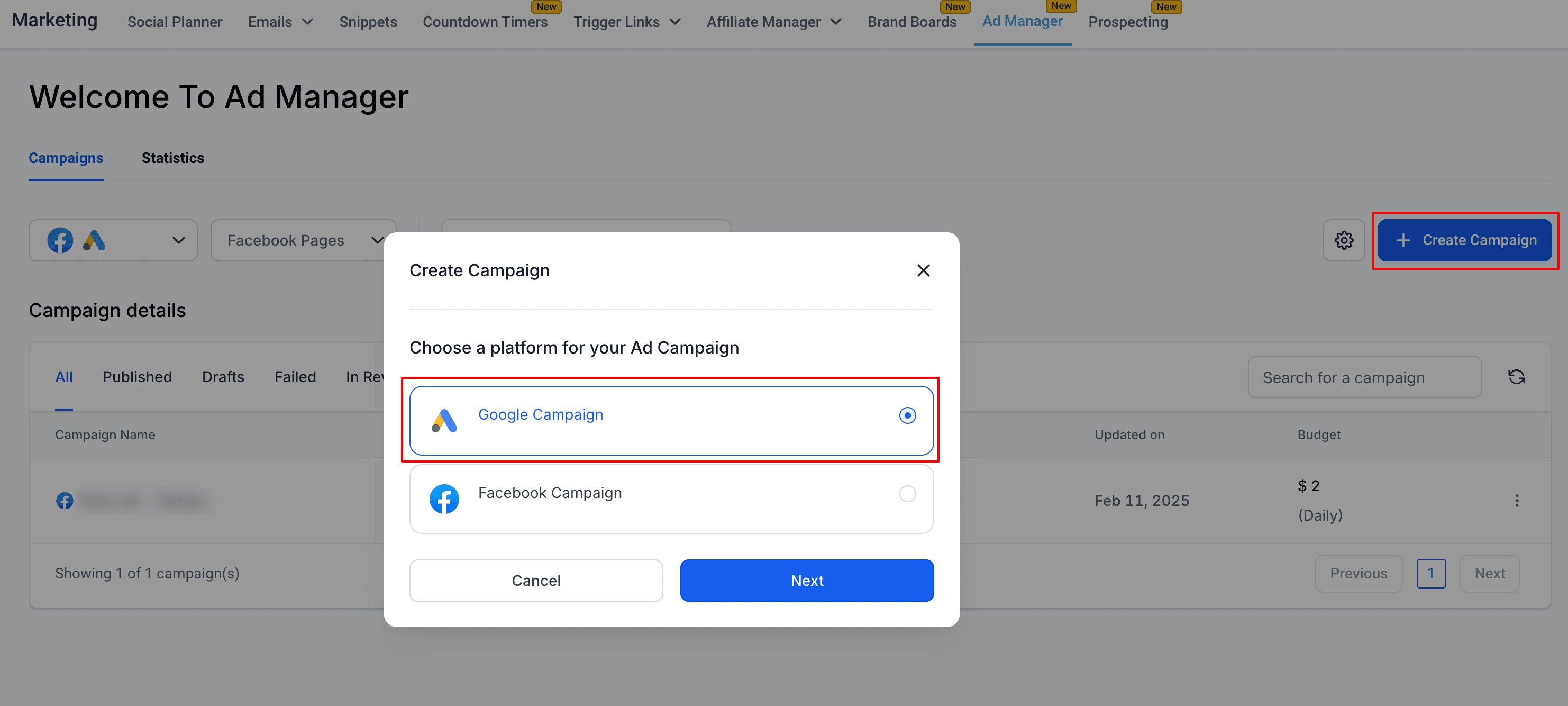 Schermata 2 — Ad Manager - Creare una Campaign di Ricerca Google
