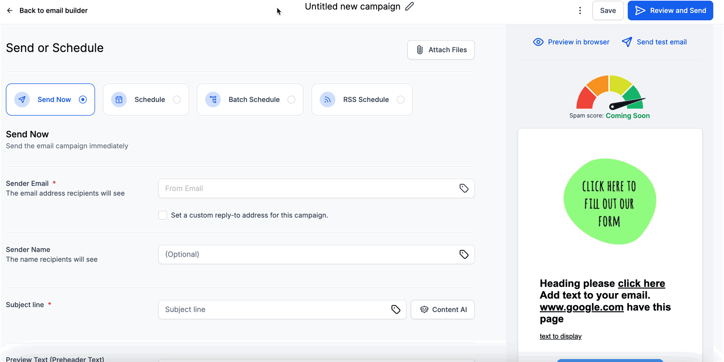 Schermata 3 — Usare "Add Tags" nella pagina Send or Schedule: Campaign Email