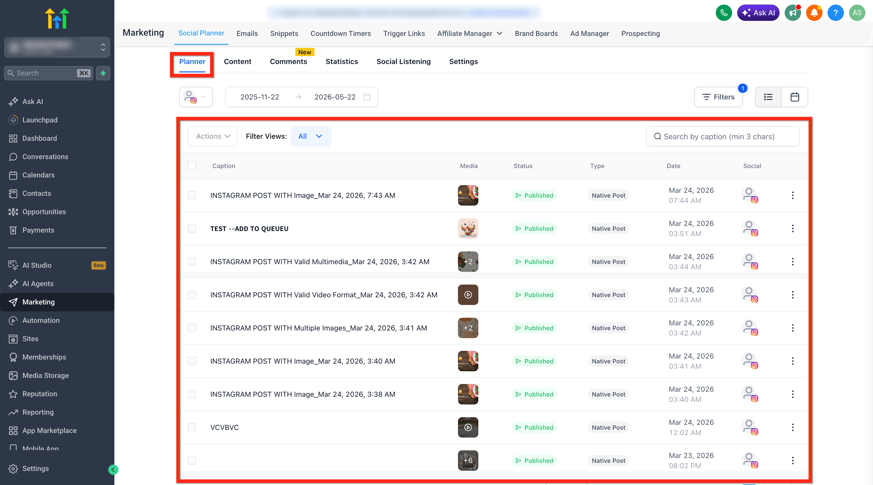 Schermata 5 — Social Planner - Sincronizzazione Post Instagram