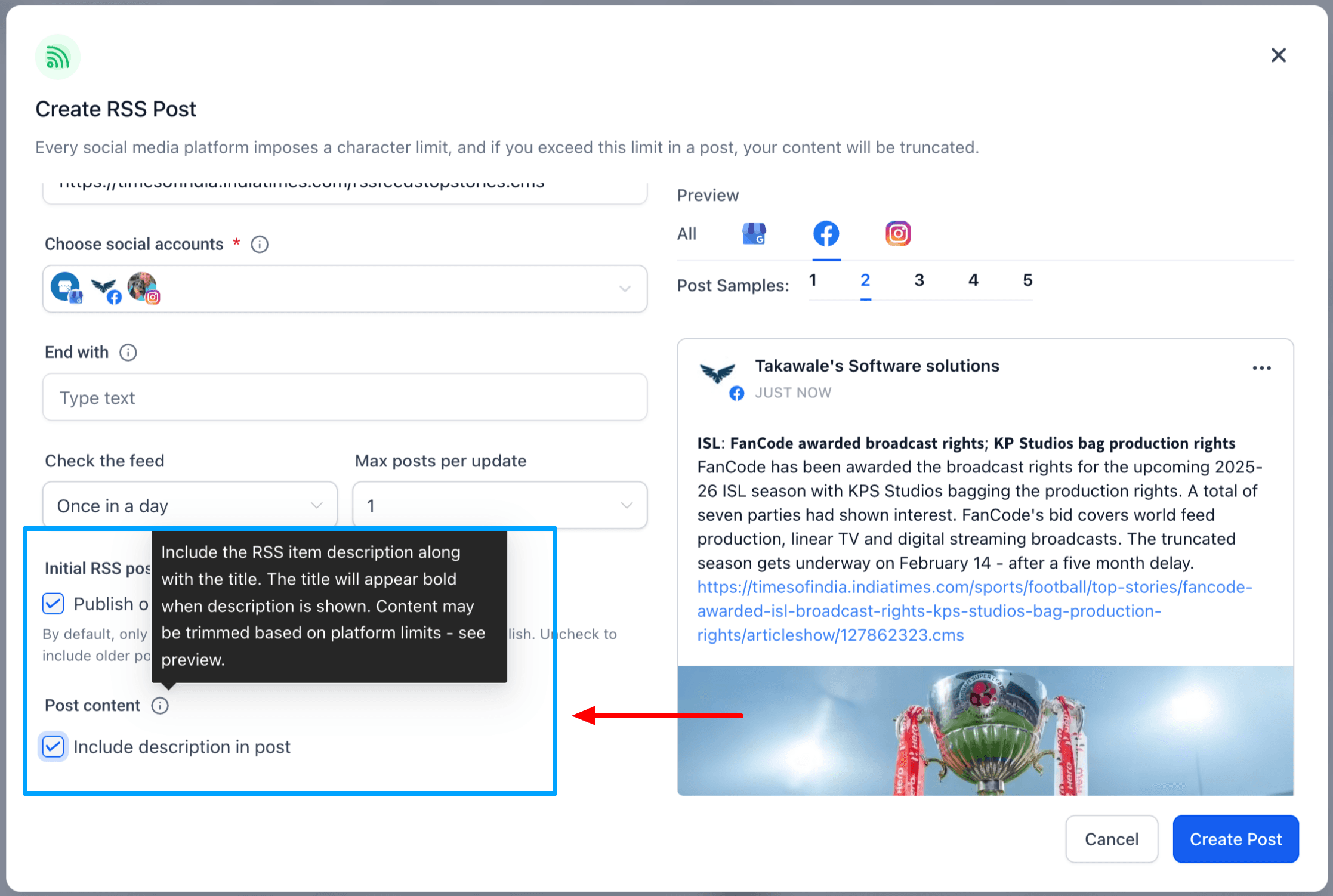 Schermata 9 — Programma i post tramite URL RSS
