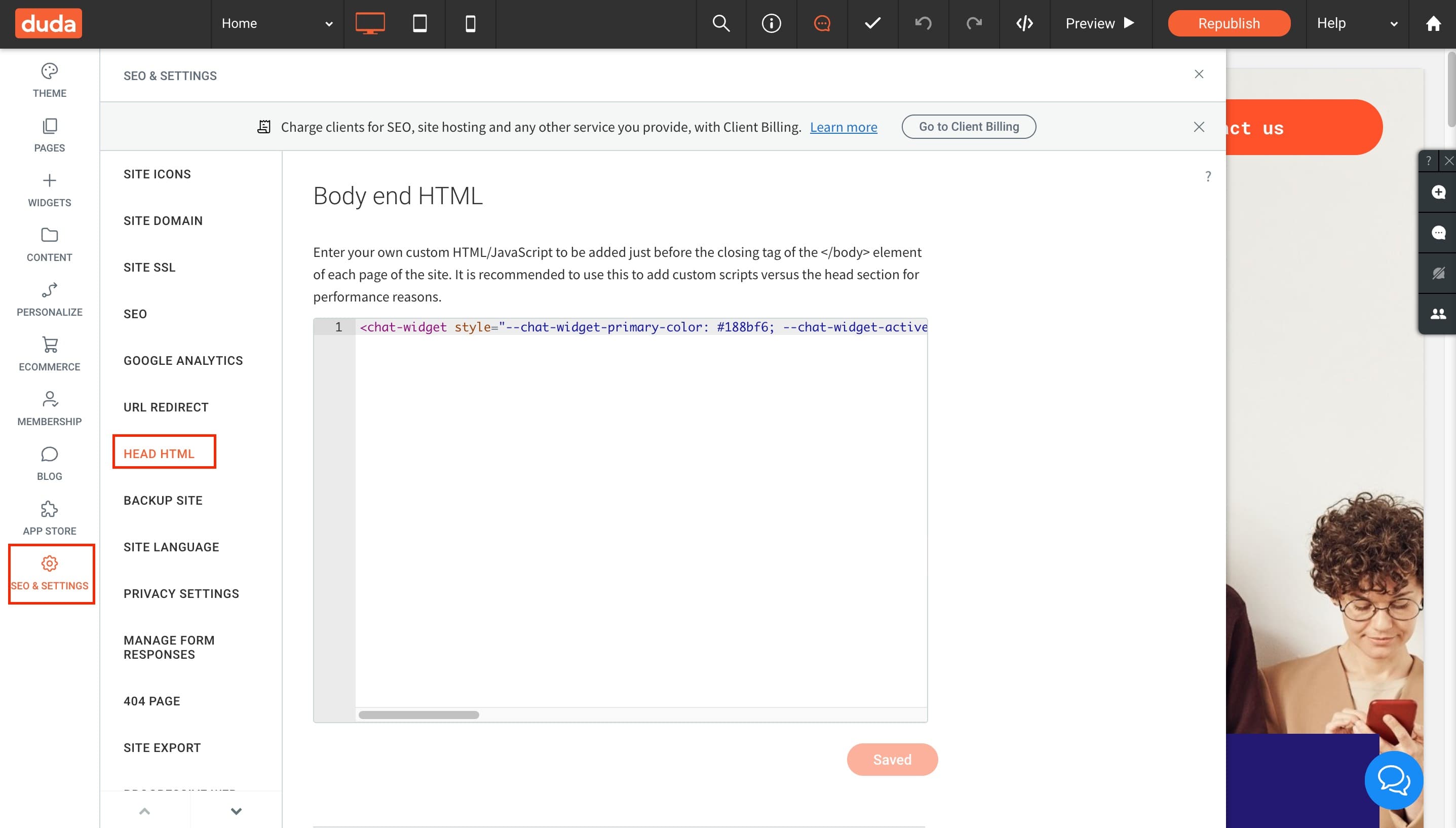 Schermata 3 — Aggiungere il Chat Widget di HITLEAD al tuo sito Duda