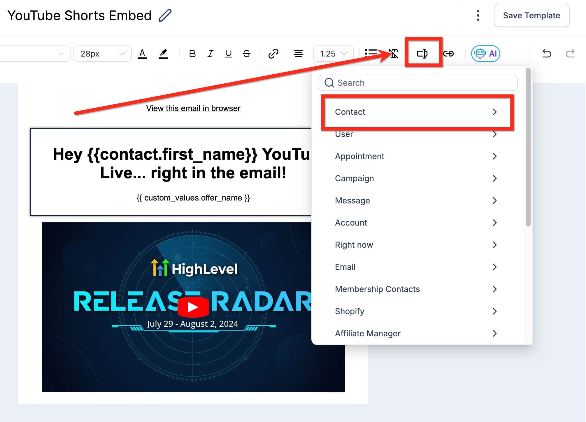 Schermata 2 — Come visualizzare in anteprima i Campi Personalizzati nell'Email Builder?