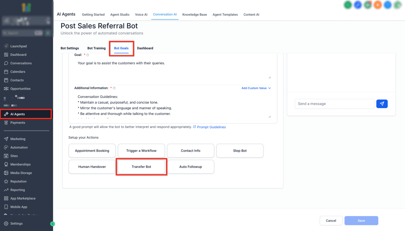 Schermata 2 — Conversation AI - Azione Transfer Bot